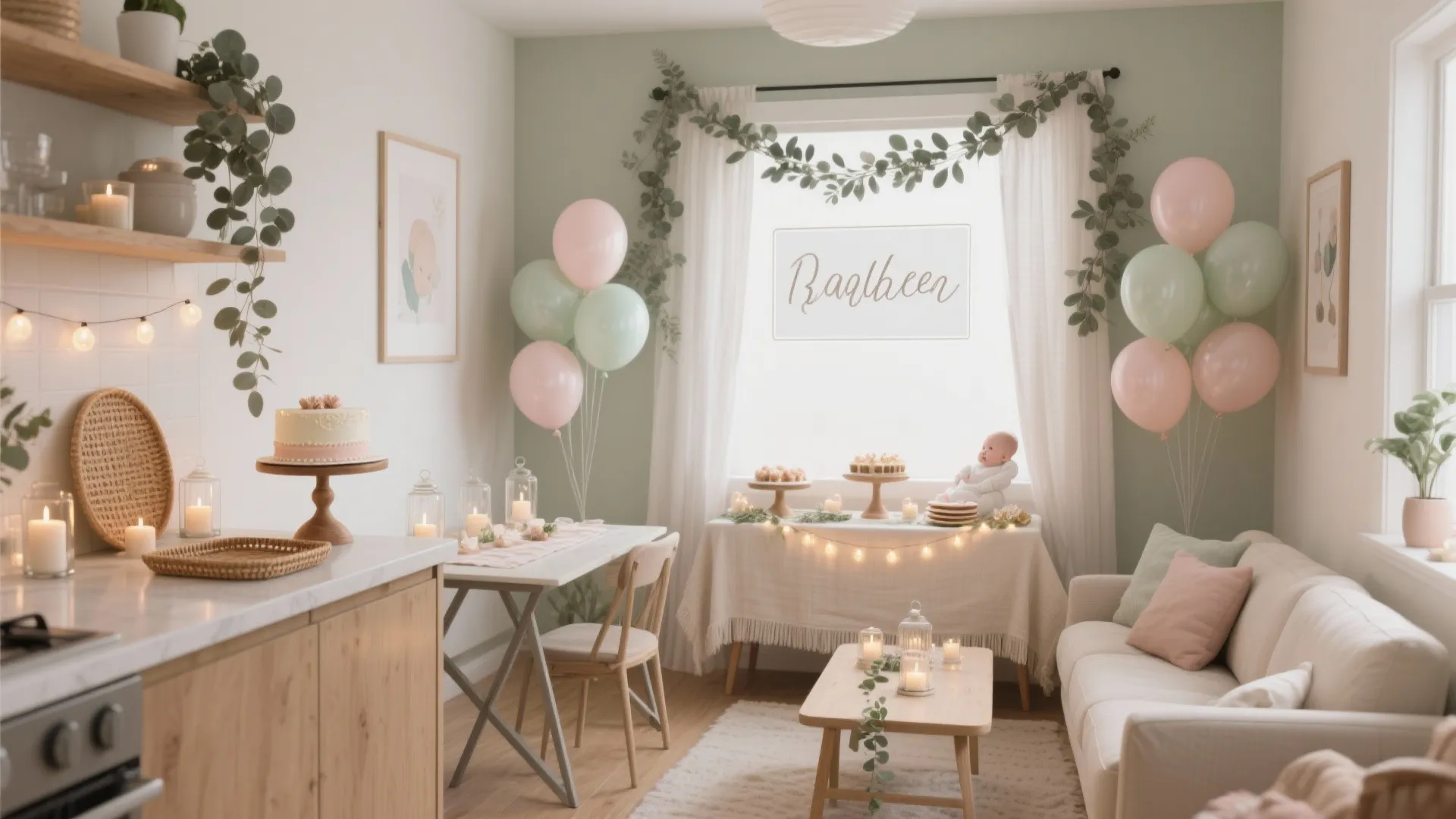 Baby party room with white sofa, balloons, cake on table, and green leaves on wall