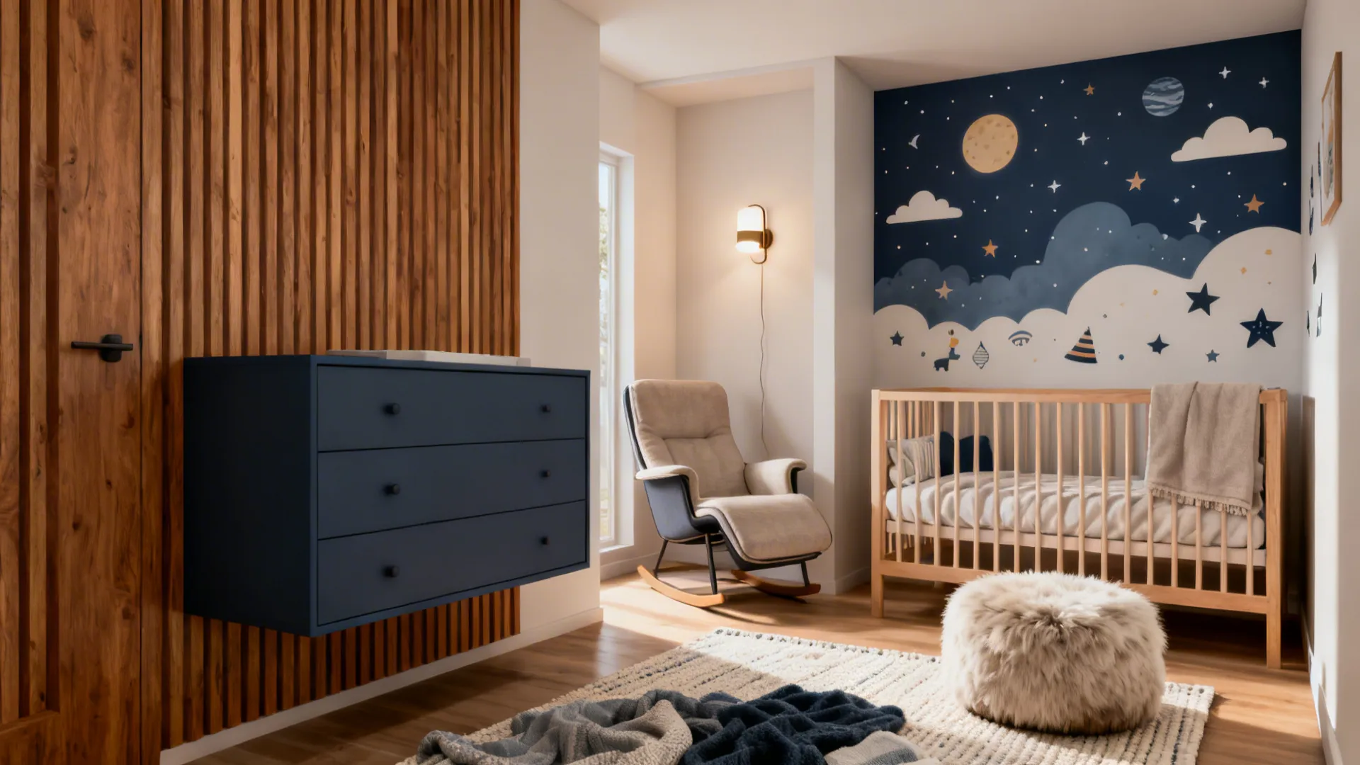 Modern nursery with wood wall panel blue cabinet rocking chair wooden baby bed and mural