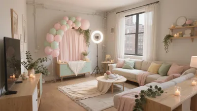 Soft Pastel Living Room with Balloon Arch & Natural Light