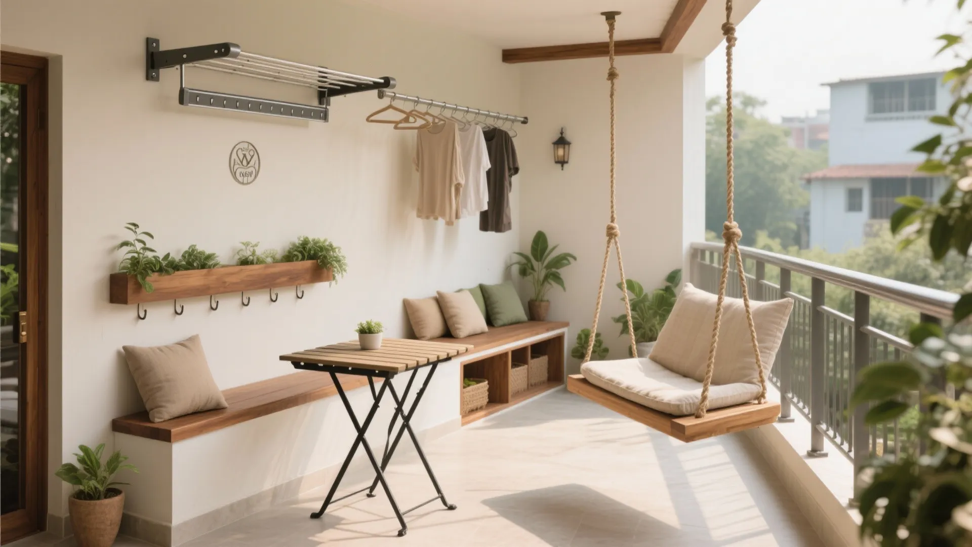 Cozy balcony featuring wooden swing chair small table wall bench plants and metal clothes rack