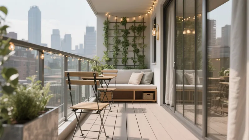 Urban Balcony Oasis with Green Wall & String Lights