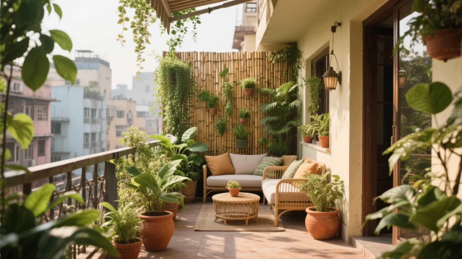 Cozy balcony garden with bamboo wall panel wooden sofa coffee table and many potted green plants