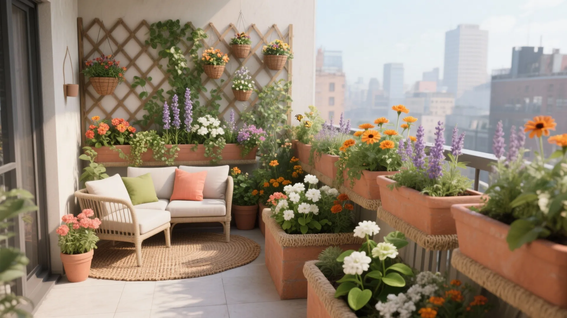 Small apartment balcony with cozy sofa colorful potted plants wall trellis and a city view