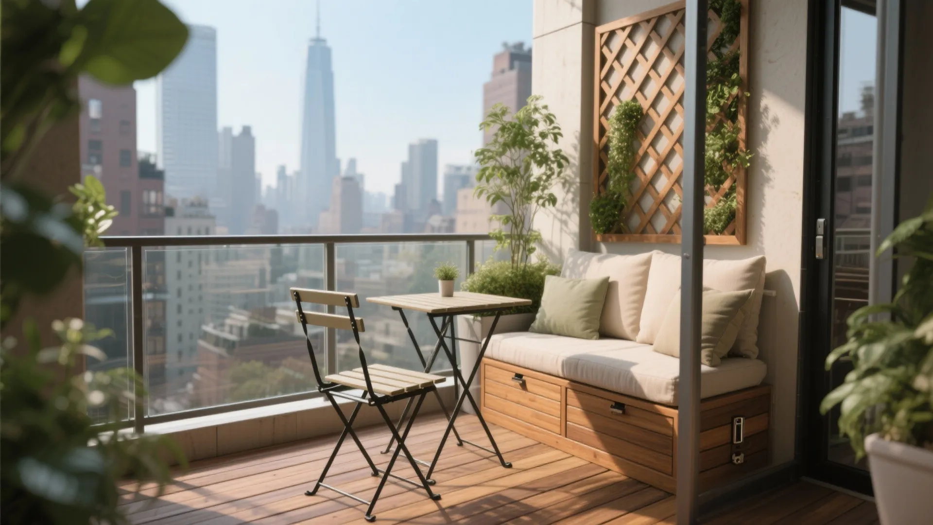 Modern apartment balcony with wooden floor small dining table and bench overlooking a city skyline