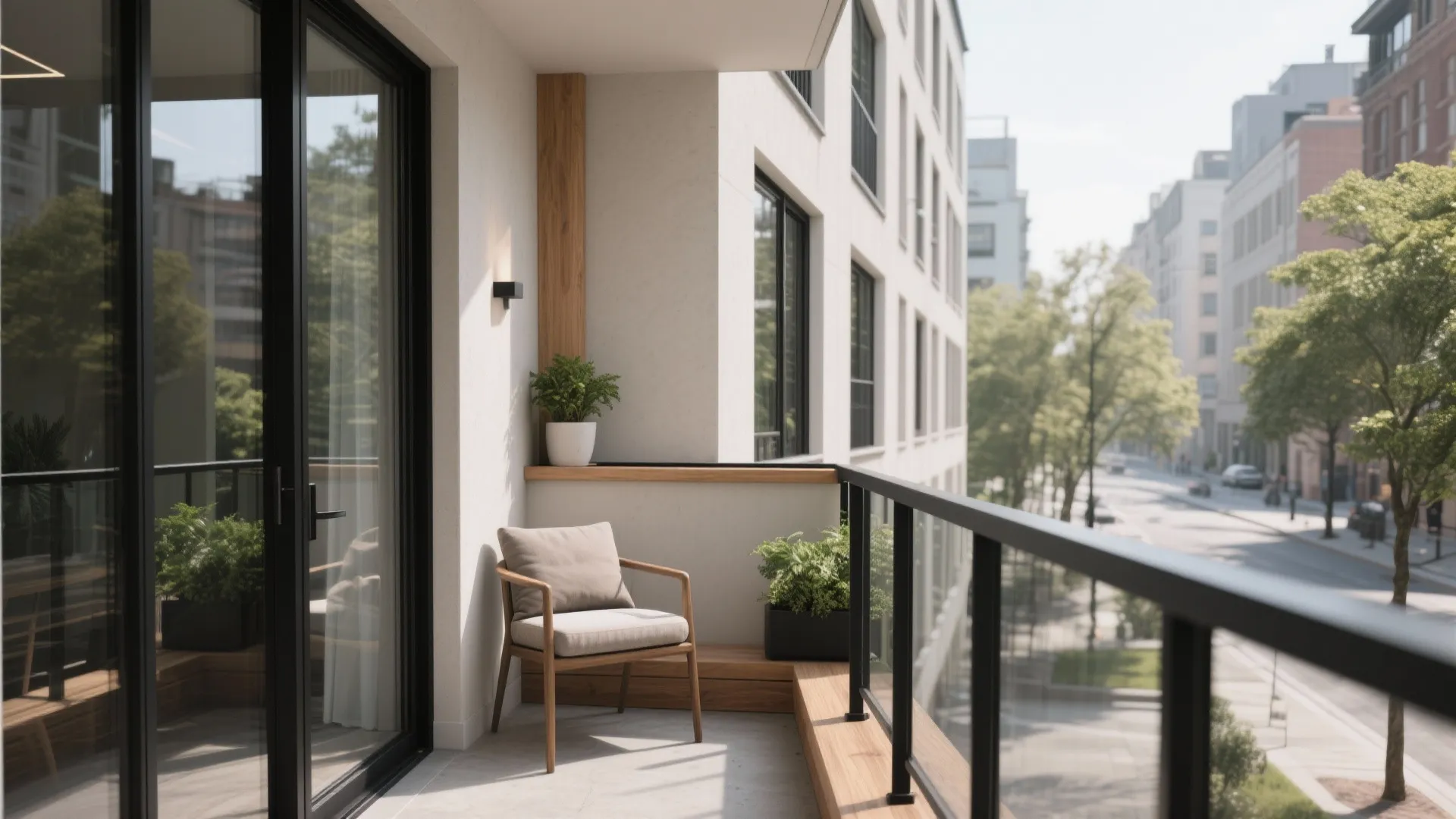 Small balcony with a wooden chair and green plants overlooking a city street and trees