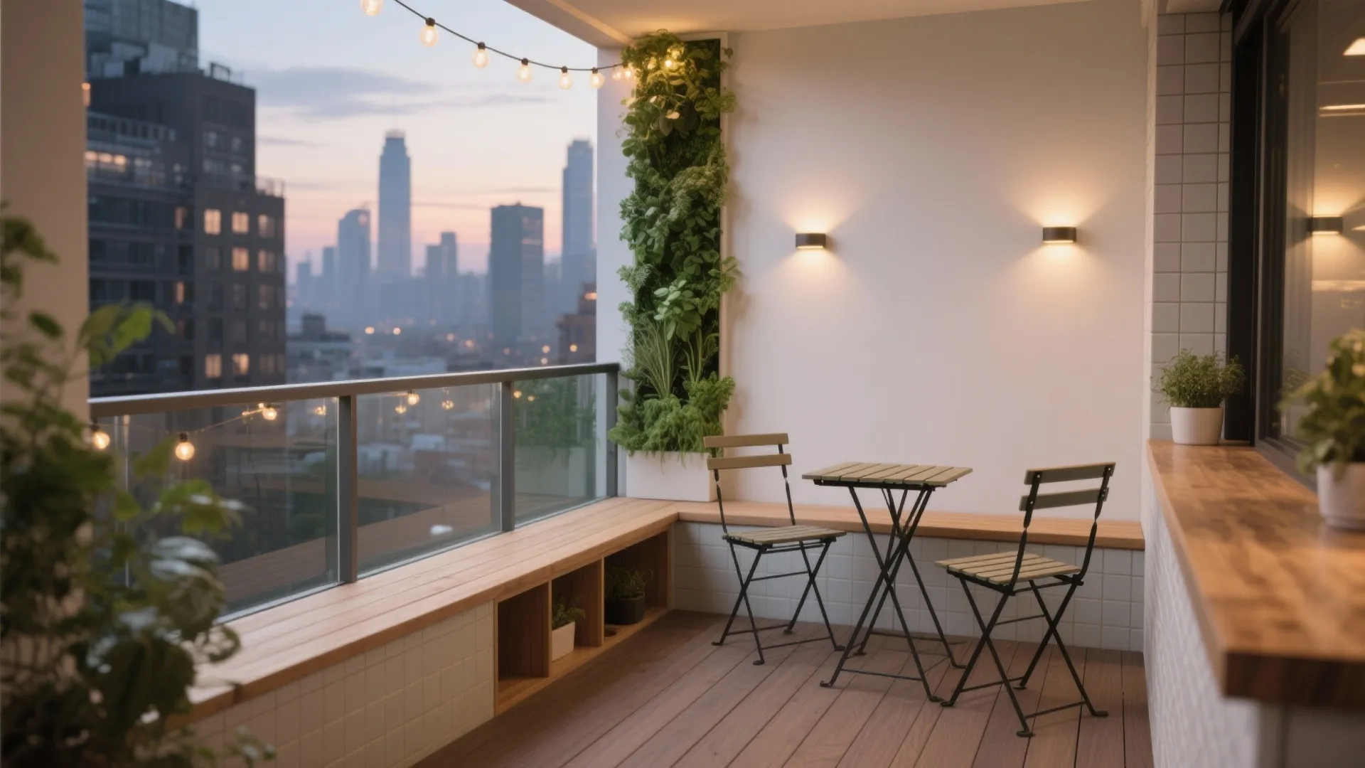 Modern small balcony with wooden bench folding table two chairs string lights and city view background