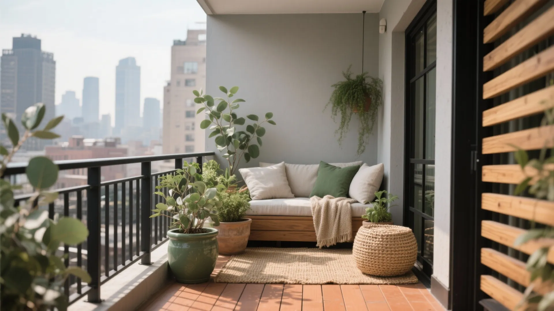 Cozy apartment balcony with wood floor green plants small sofa footrest and city skyline view