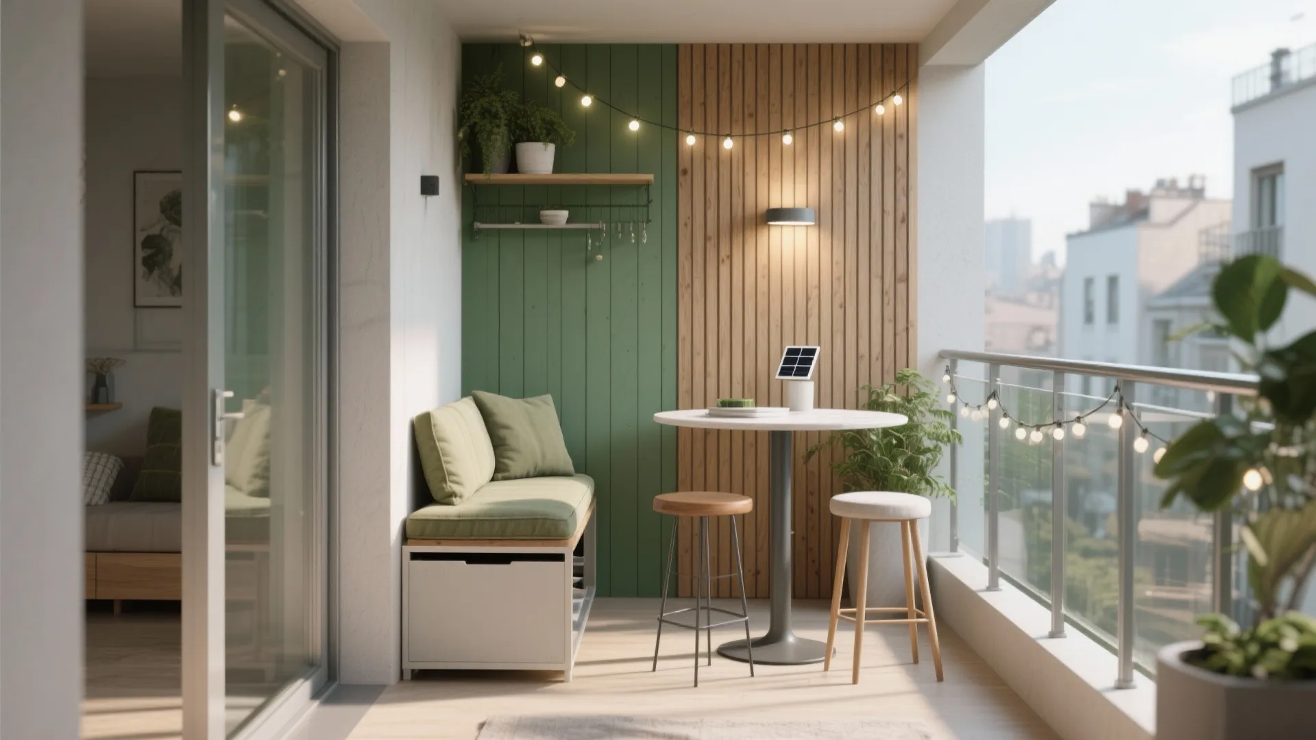 Small balcony with green wall, wooden panels, seating bench, table, stools, plants, and string lights