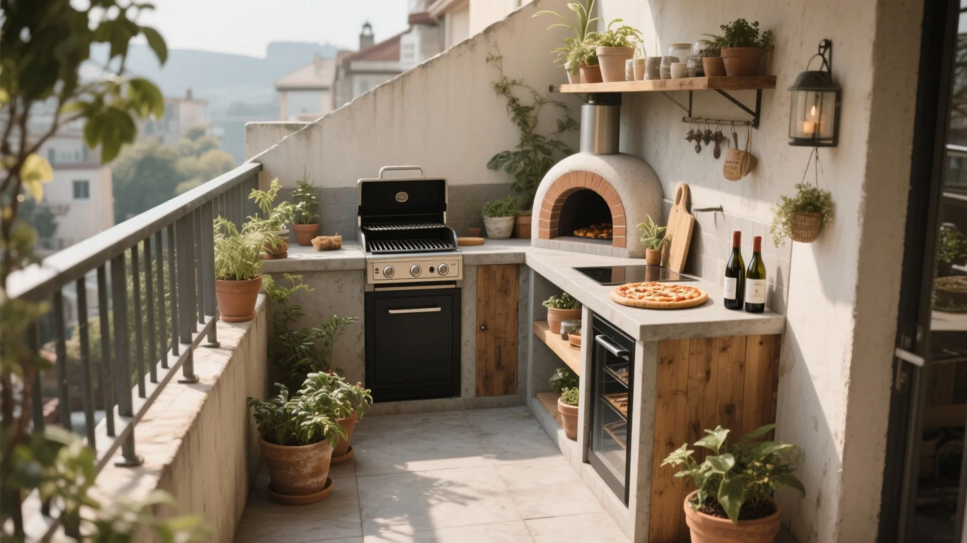 Small outdoor balcony kitchen with a black grill pizza oven potted plants and wine bottles