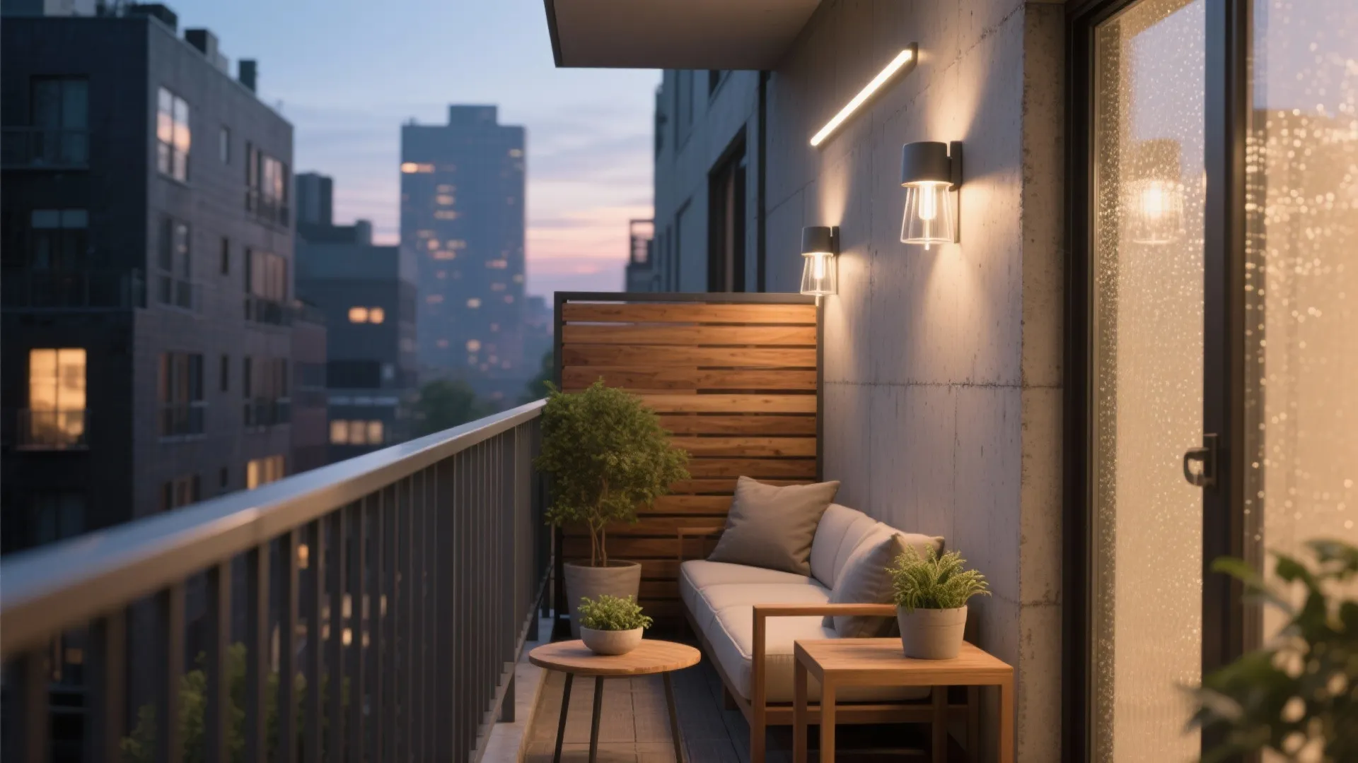 Small apartment balcony with sofa wooden table wall lights and potted plants at sunset time