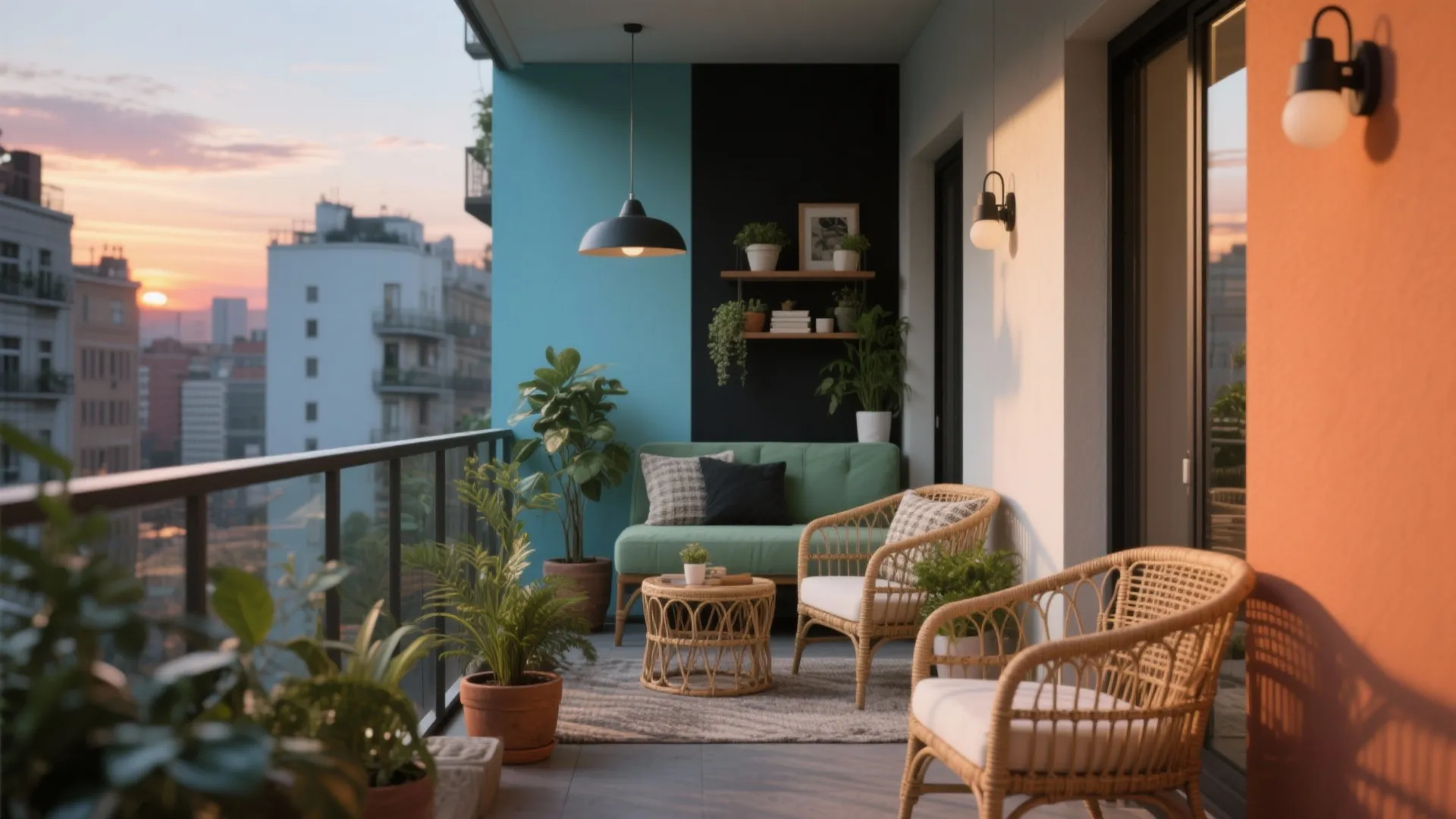 Cosy balcony at sunset with green sofa wooden chairs ceiling light potted plants and city view