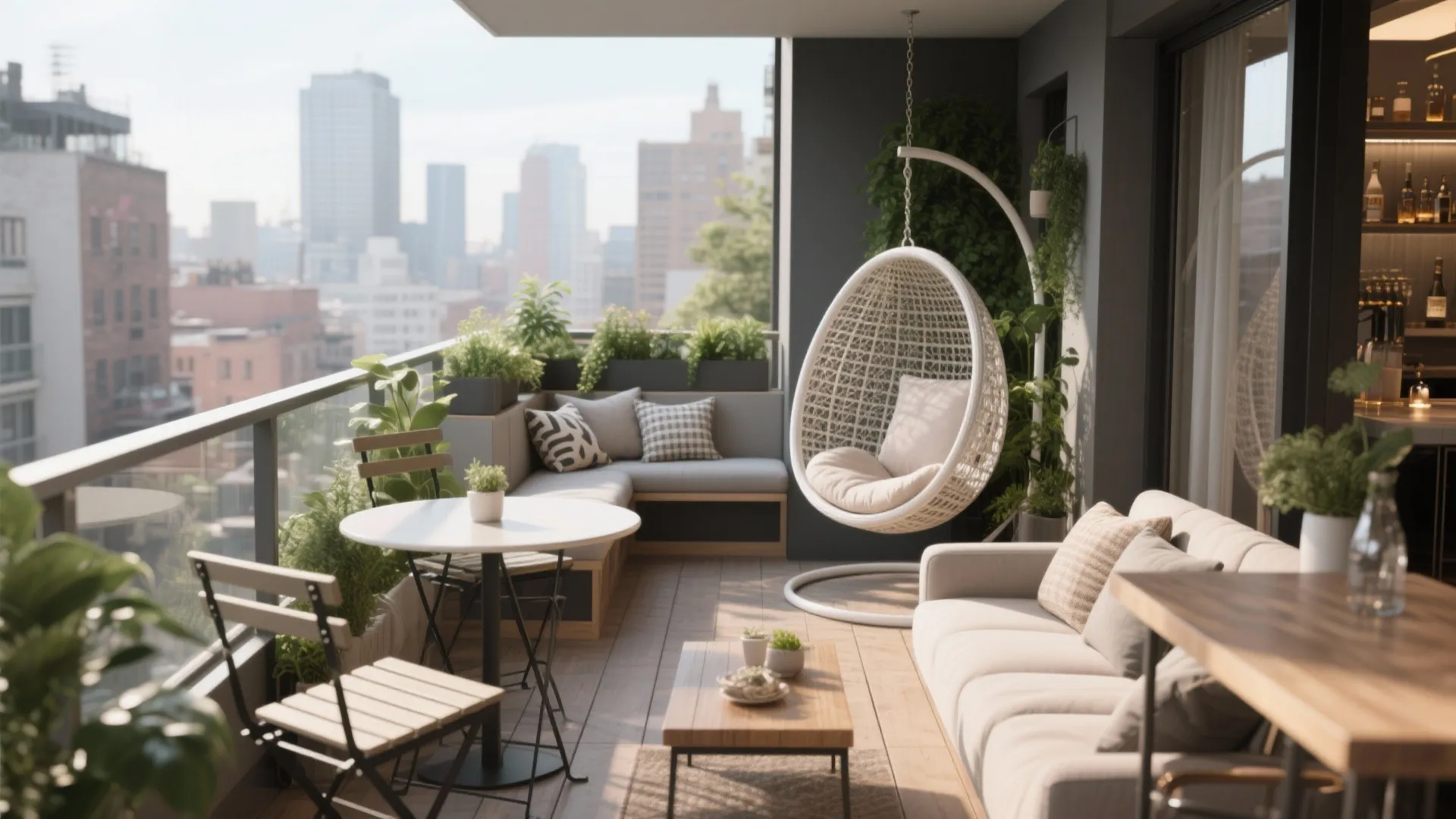 Large outdoor balcony with white hanging chair sofa dining table and view of city buildings