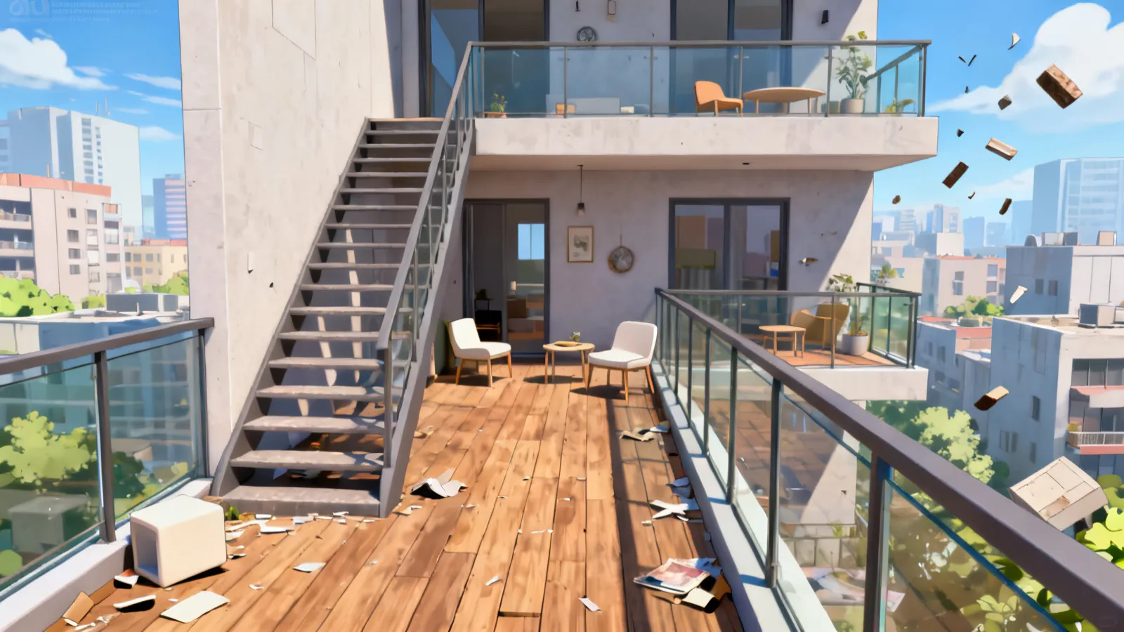 Compact balcony with staircase connecting two levels