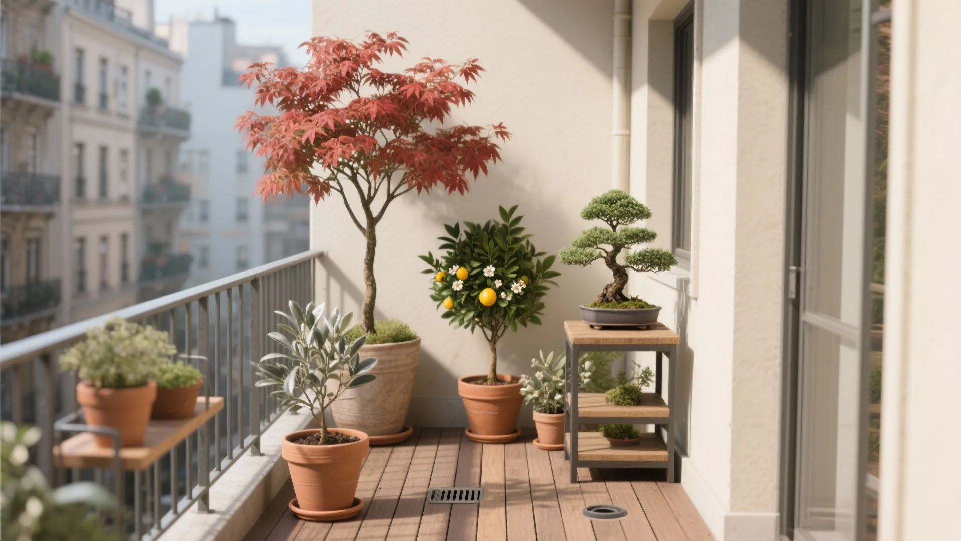 Small apartment balcony decorated with several potted trees including a red maple and green bonsai