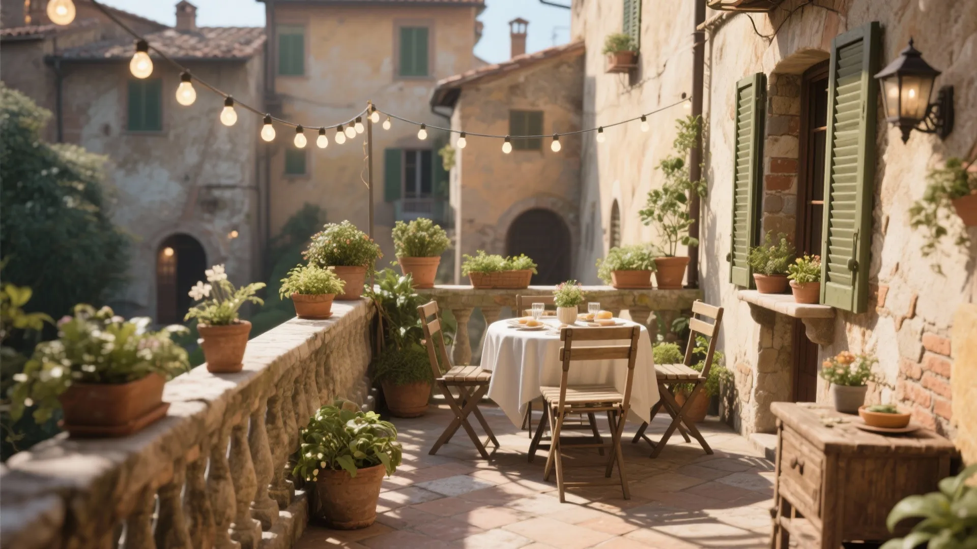 Tuscan balcony with a small dining table wooden chairs potted plants and warm hanging string lights