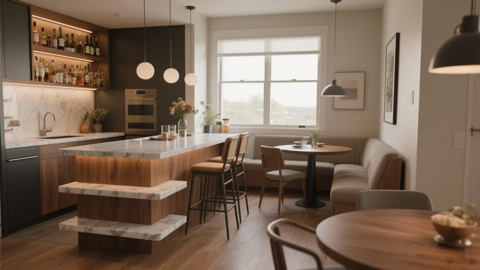 Modern kitchen with wood island marble counter seating area round table and white ball lights