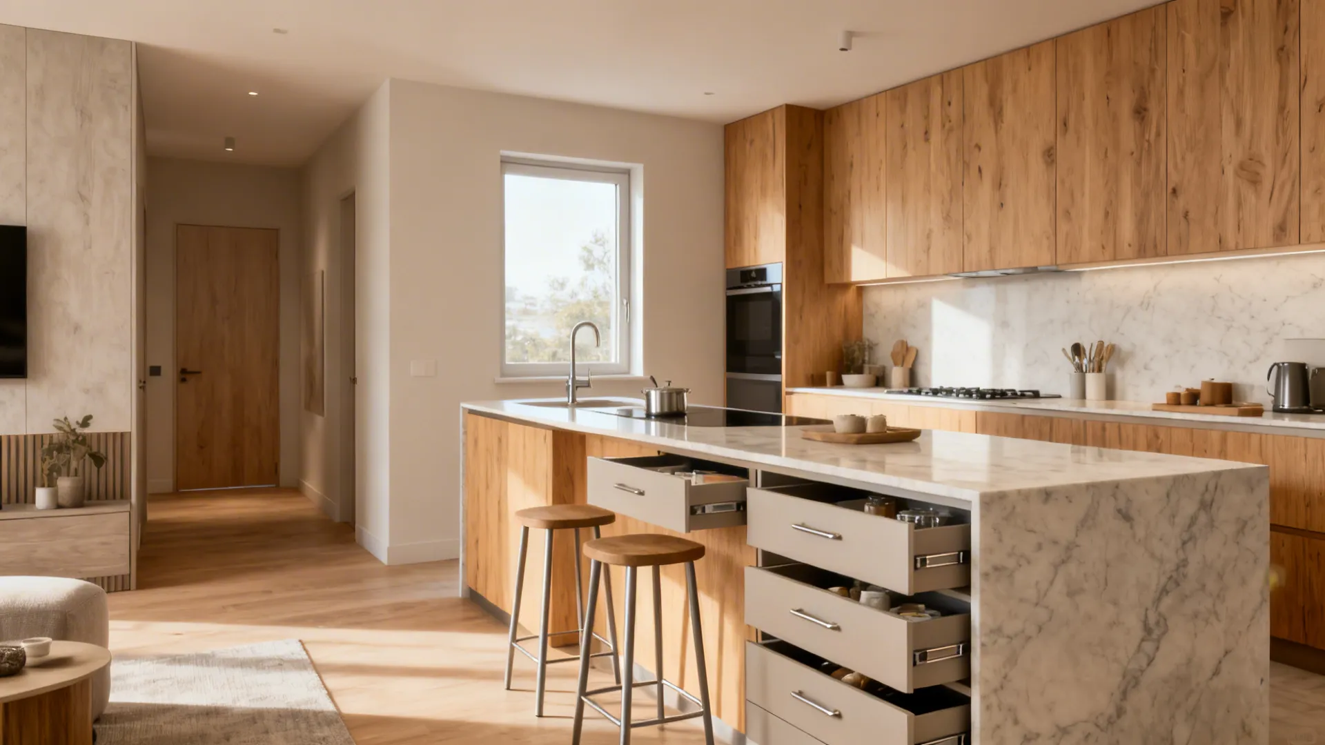 Modern kitchen island with open storage drawers wooden stools marble counter and natural sun light