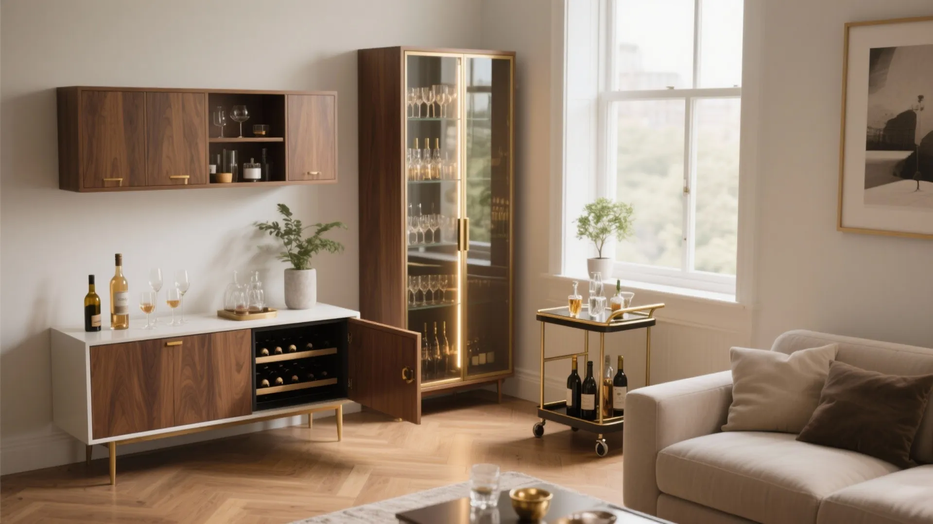 Modern living room featuring a wooden bar cabinet wine cooler small cart and light sofa