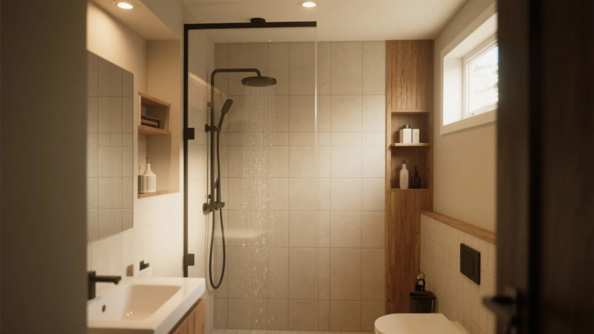 Small modern bathroom with a glass shower door black shower head and wooden storage shelves
