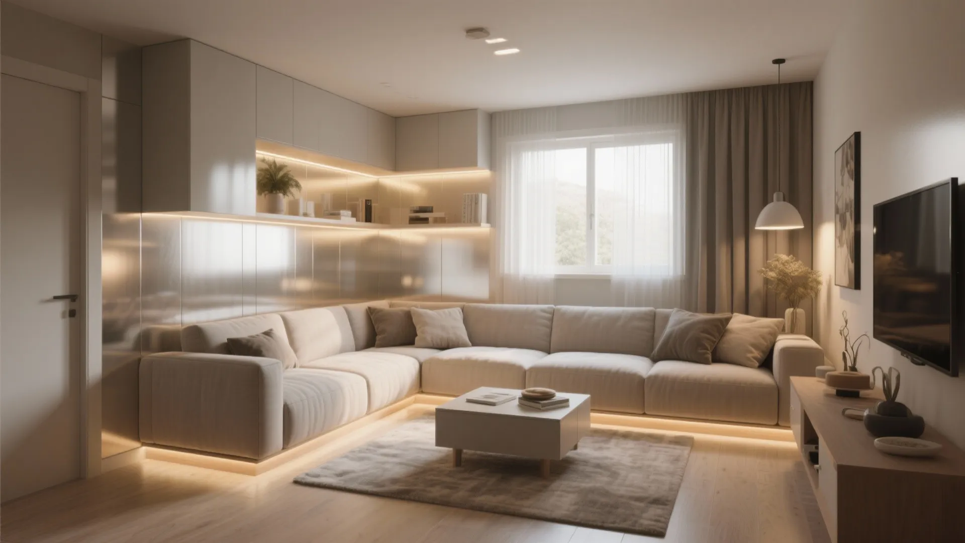 Modern basement living room with a large beige corner sofa white coffee table and rug