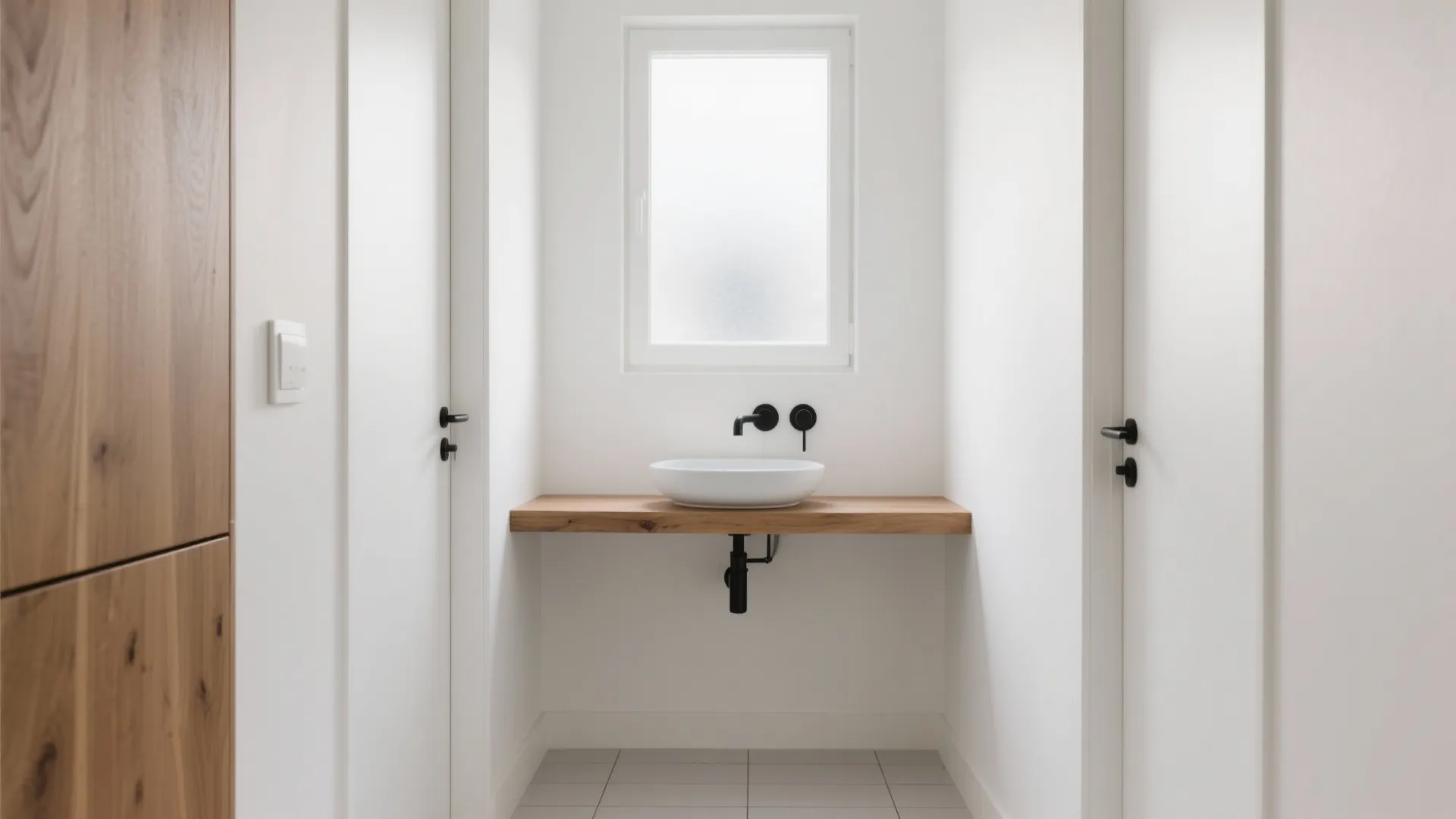 Minimalist bathroom with white round sink on wooden shelf black wall light and small window