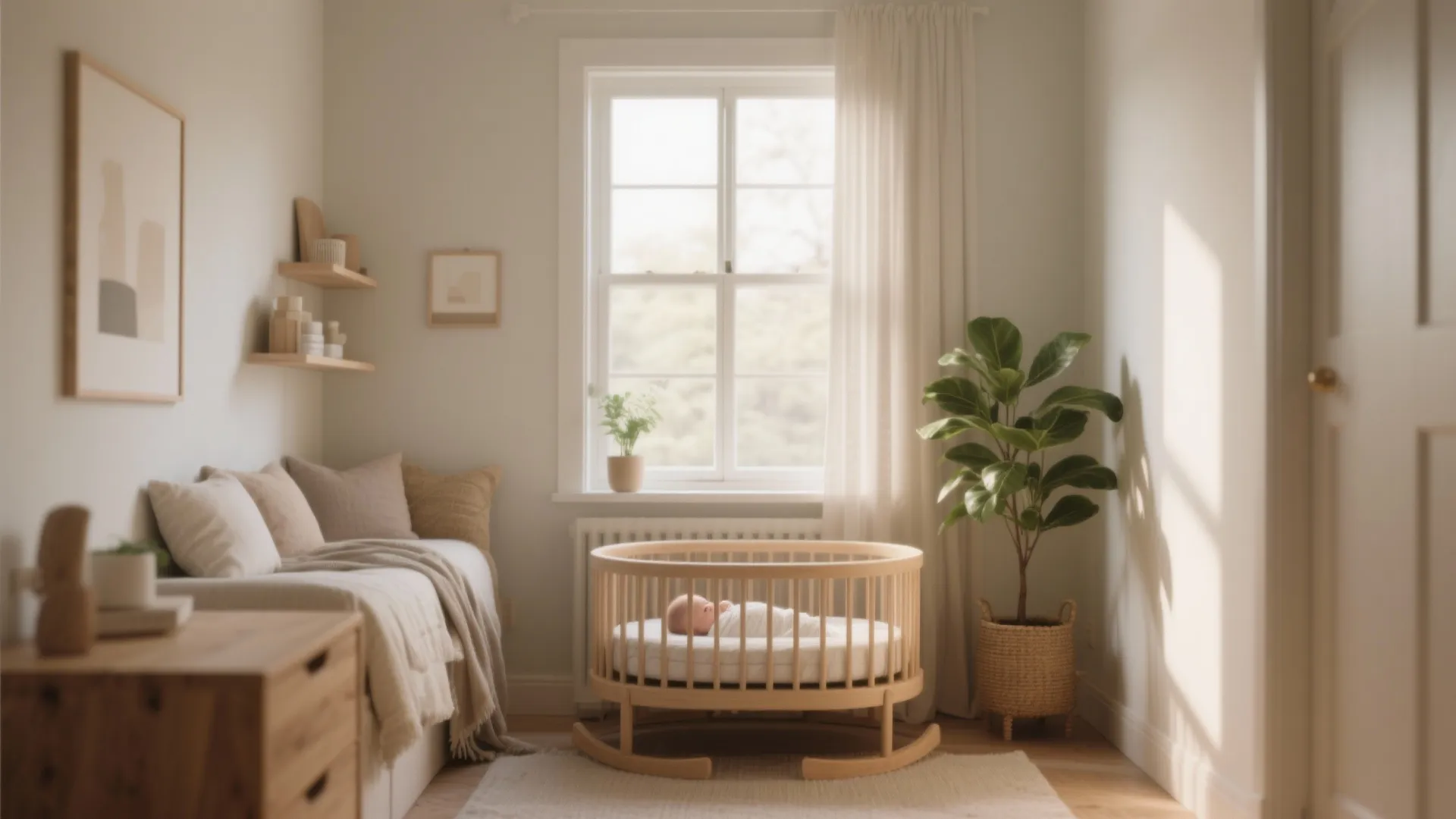 Oval wooden baby crib with sleeping infant in bright nursery with green plant and window