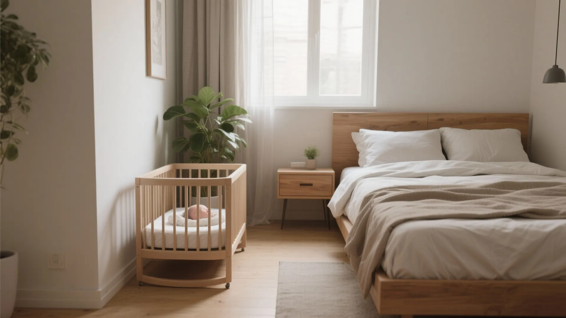 Modern wooden bedroom with a baby bed next to big bed and bright window light