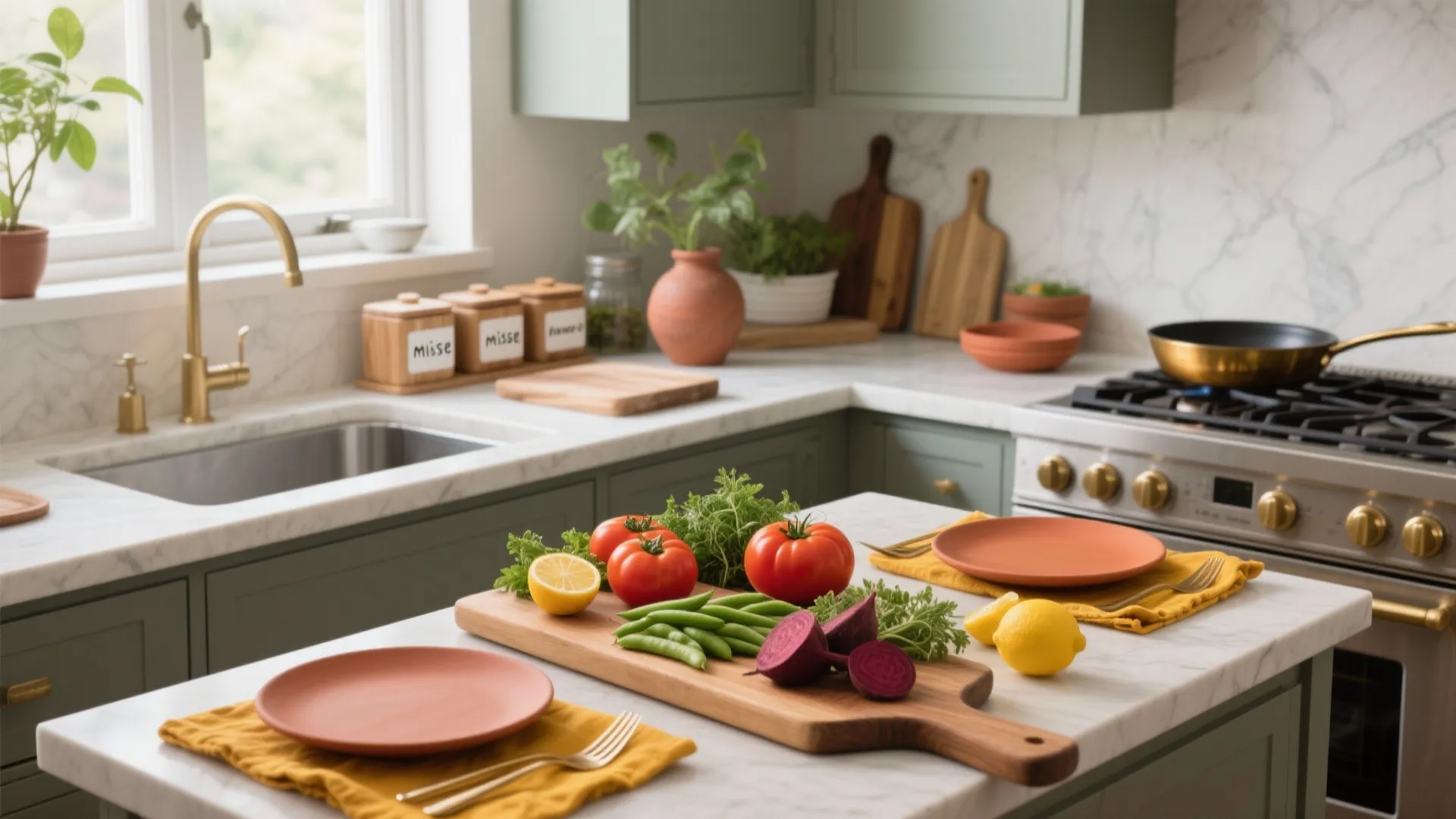 Green kitchen featuring marble countertops with fresh vegetables on a wooden board and two orange plates