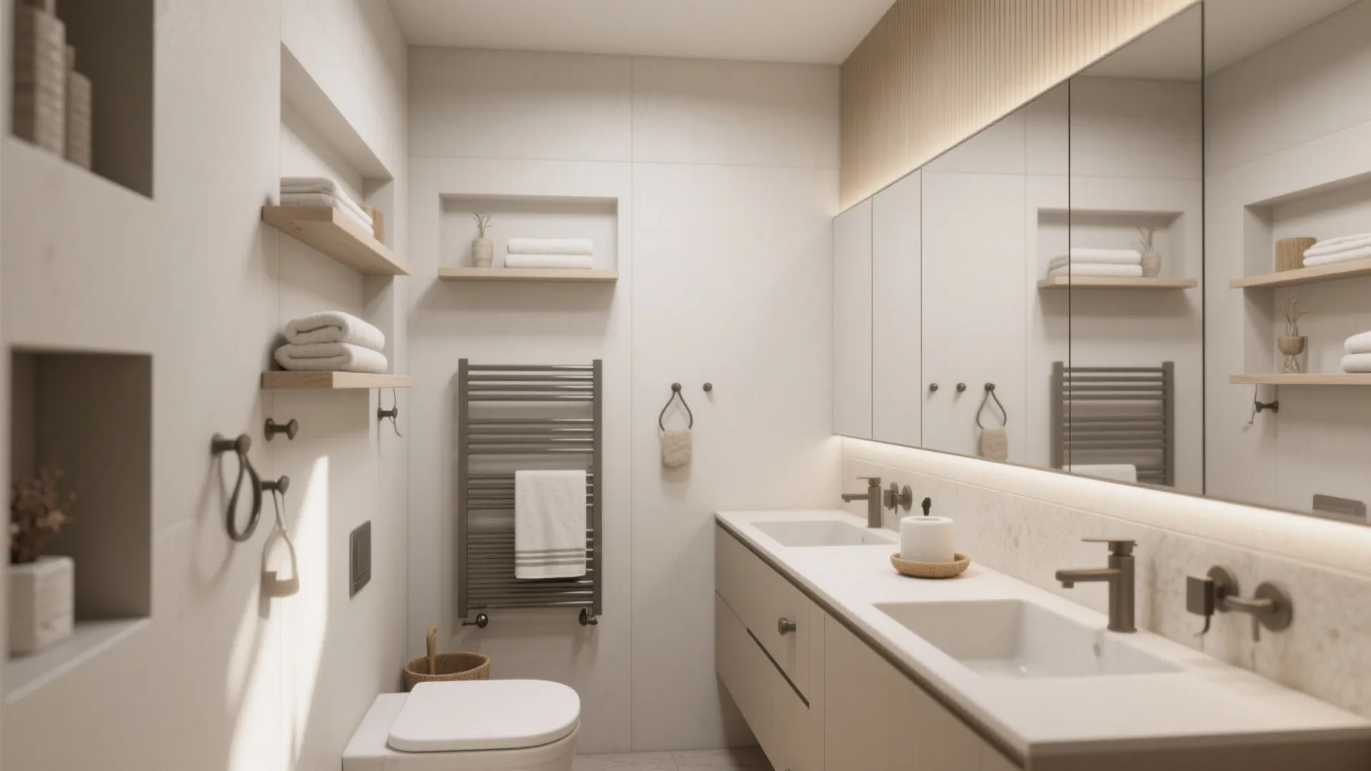 Modern minimal bathroom with double sinks large mirror white toilet and wooden shelves for folded towels