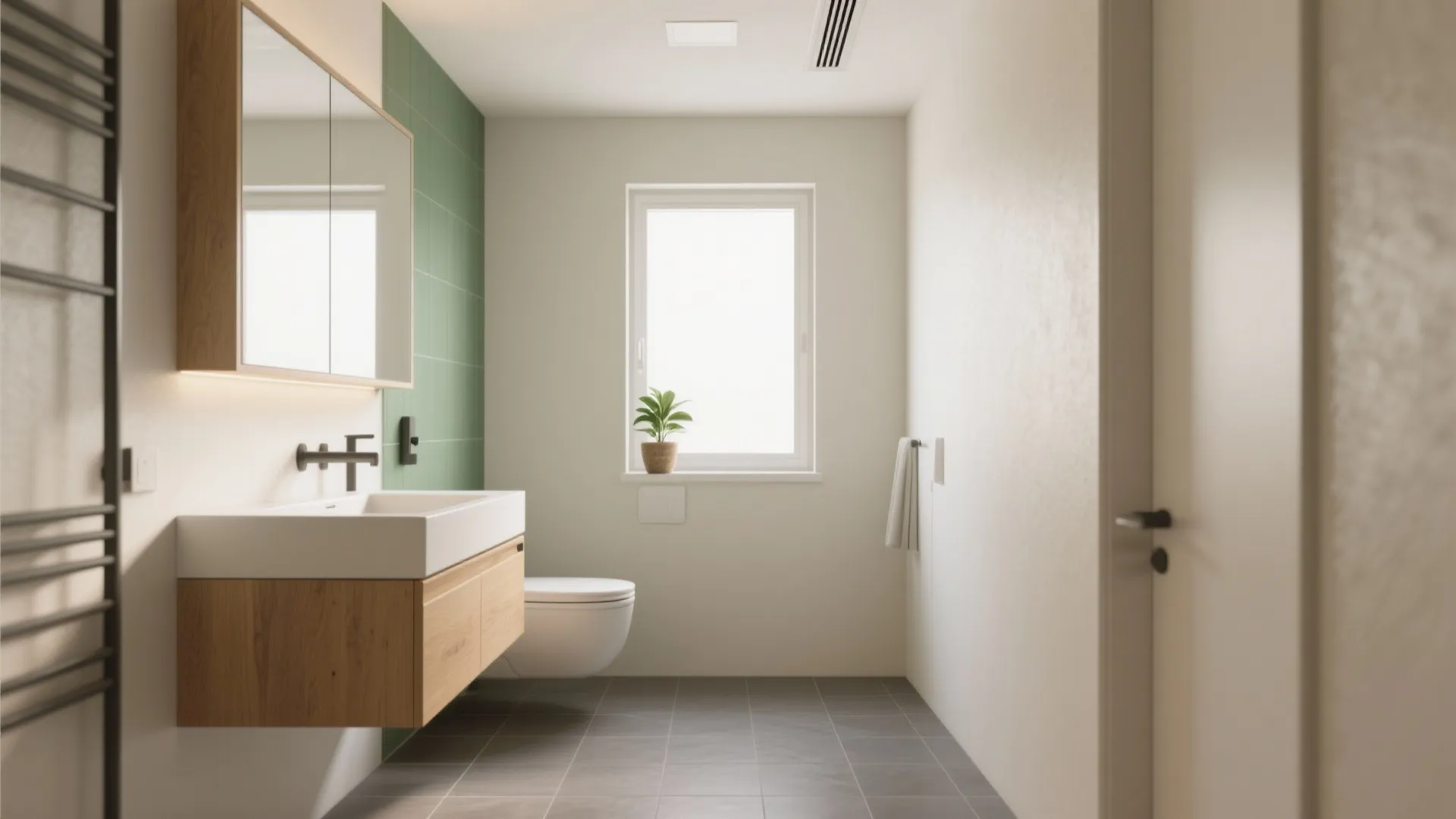 Modern bathroom interior with wooden cabinet white sink green wall tiles toilet and window plant