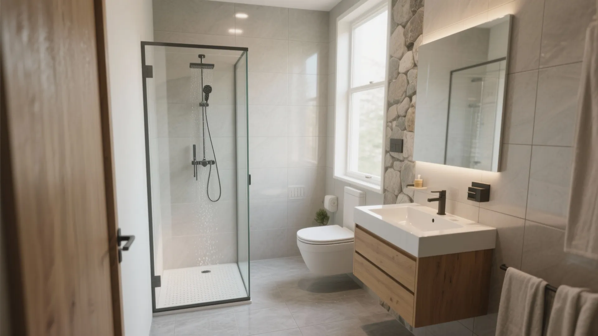 Modern small bathroom featuring stone wall accent glass shower booth floating wood cabinet and white sink