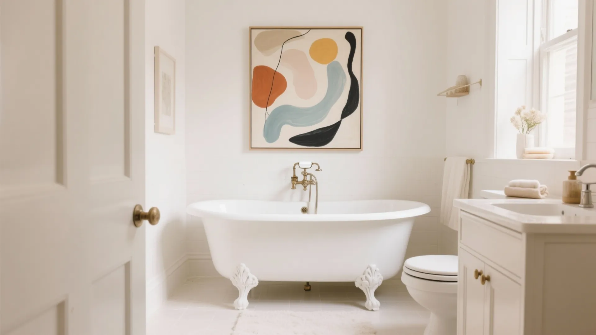 Bright white bathroom featuring a clawfoot bathtub with colorful abstract wall art hanging directly above