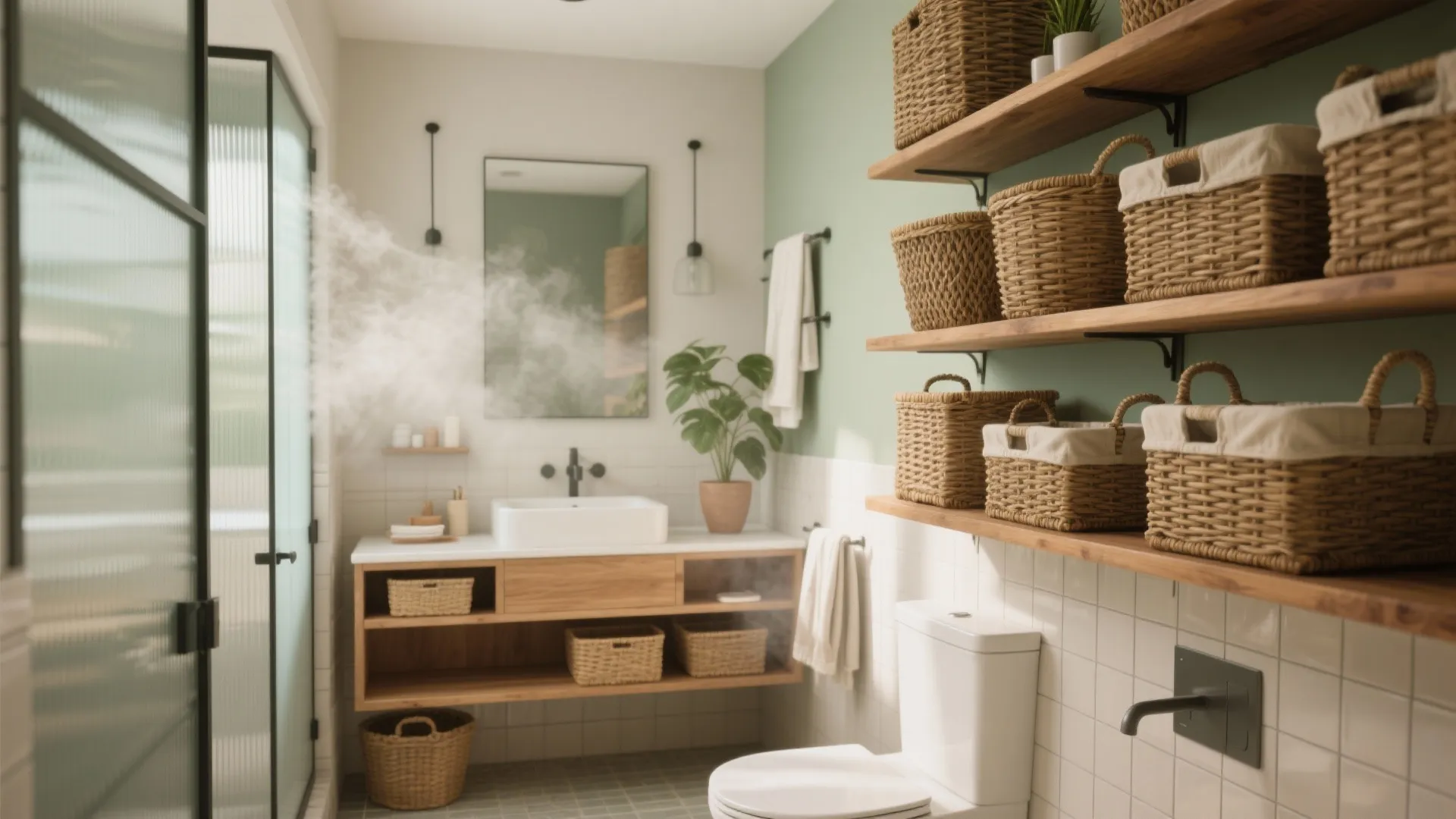 Modern bathroom with green wall wooden shelves woven baskets white sink toilet and green plant