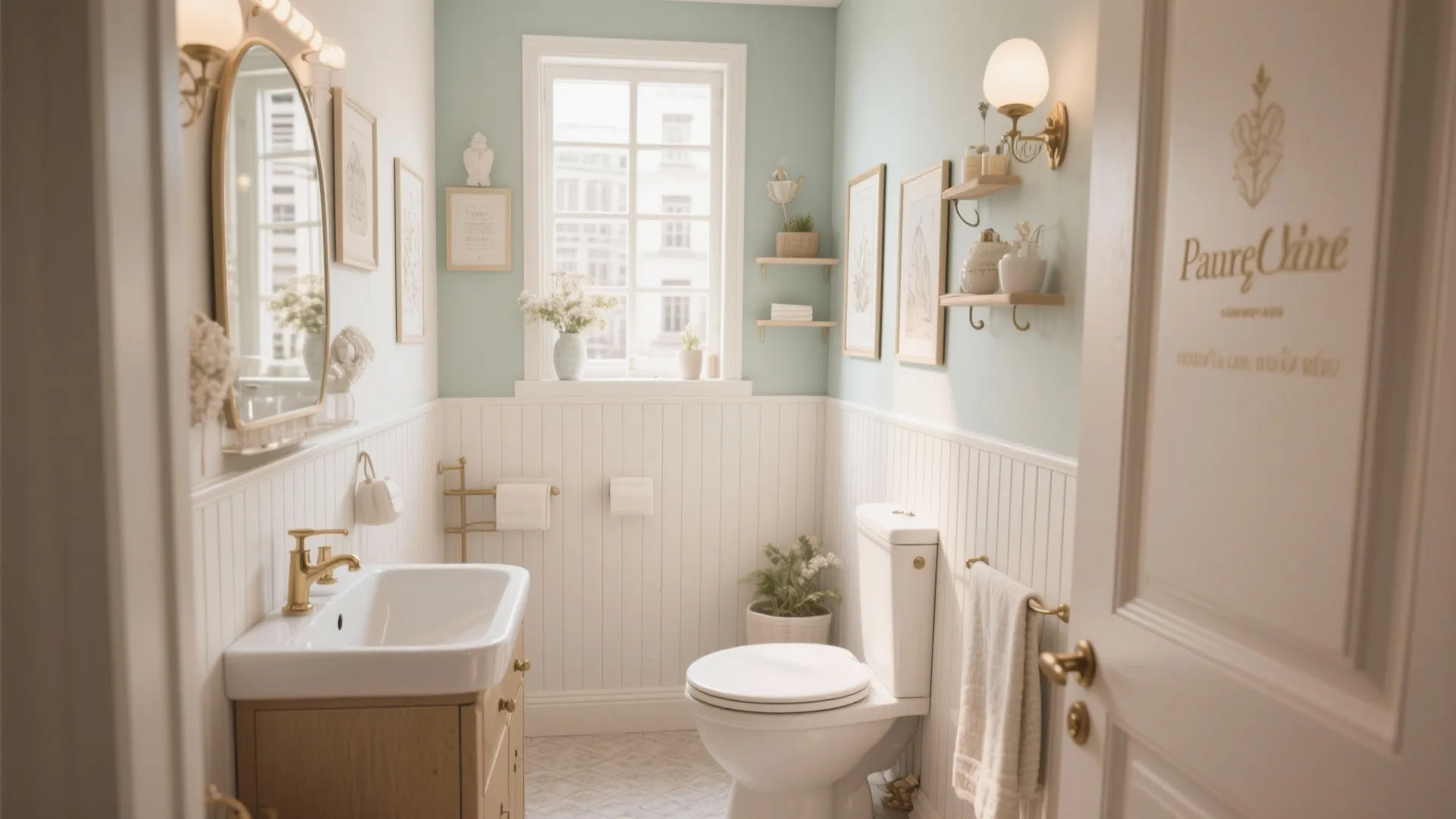 Bright bathroom with light green walls white wall panel wooden cabinet gold faucet and window