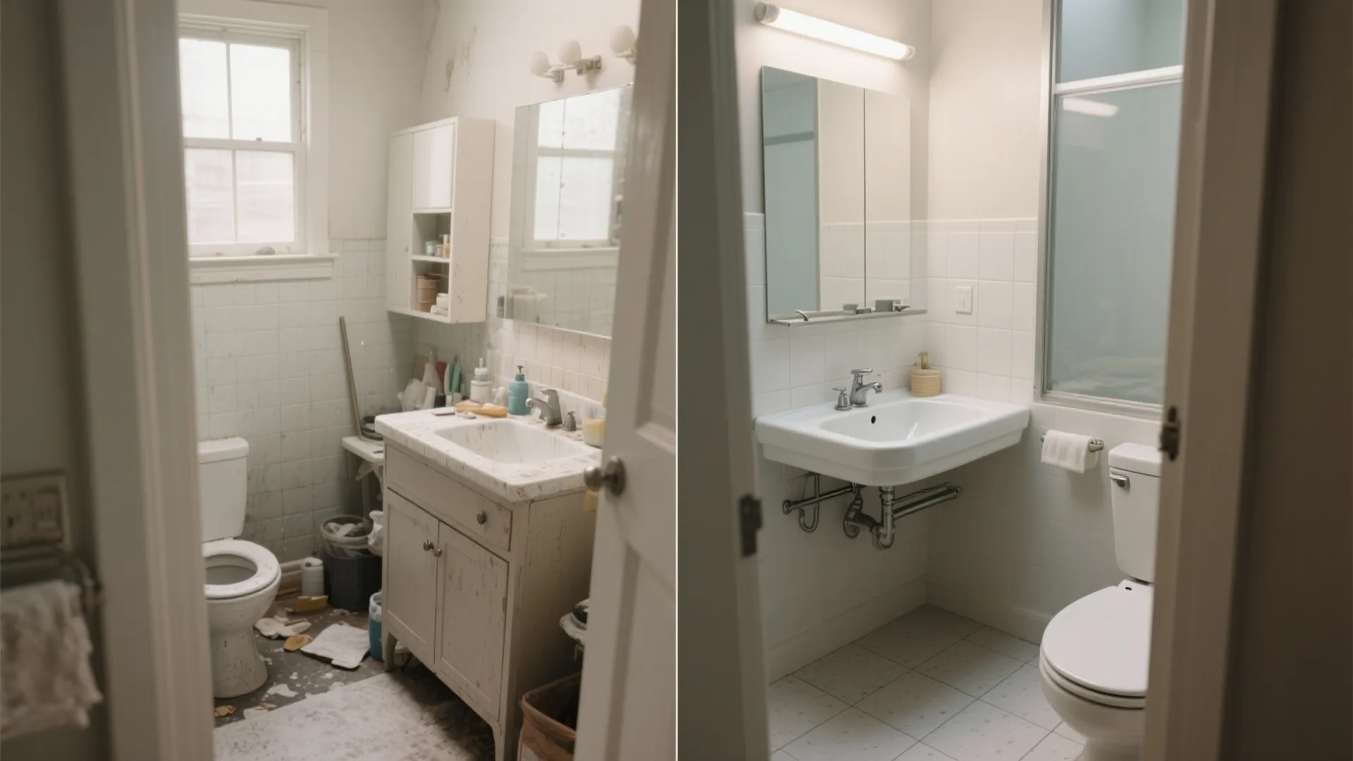 Before and after comparison showing a messy old bathroom next to a clean renovated white bathroom
