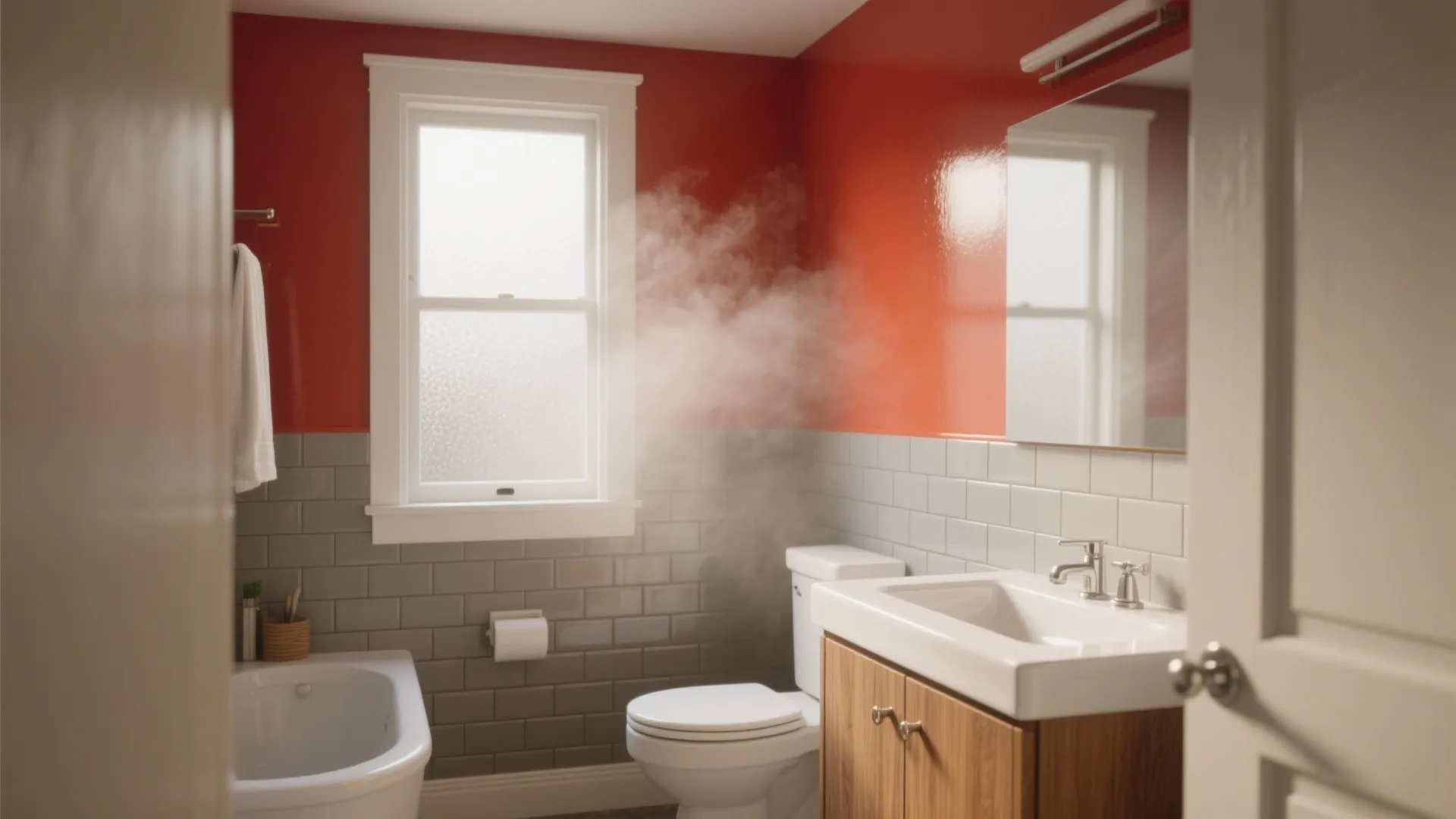 Small bathroom with red walls plus grey tiles including a white sink and wooden cabinet