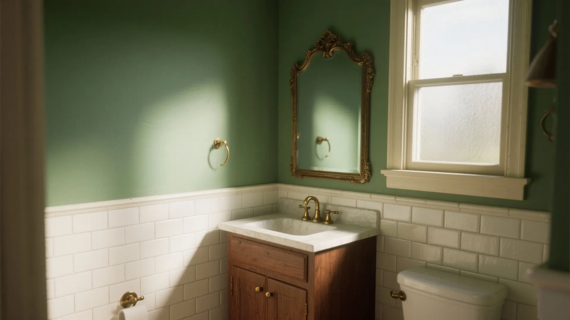 Classic bathroom interior with green walls, white wall panels, wooden cabinet, and gold framed mirror