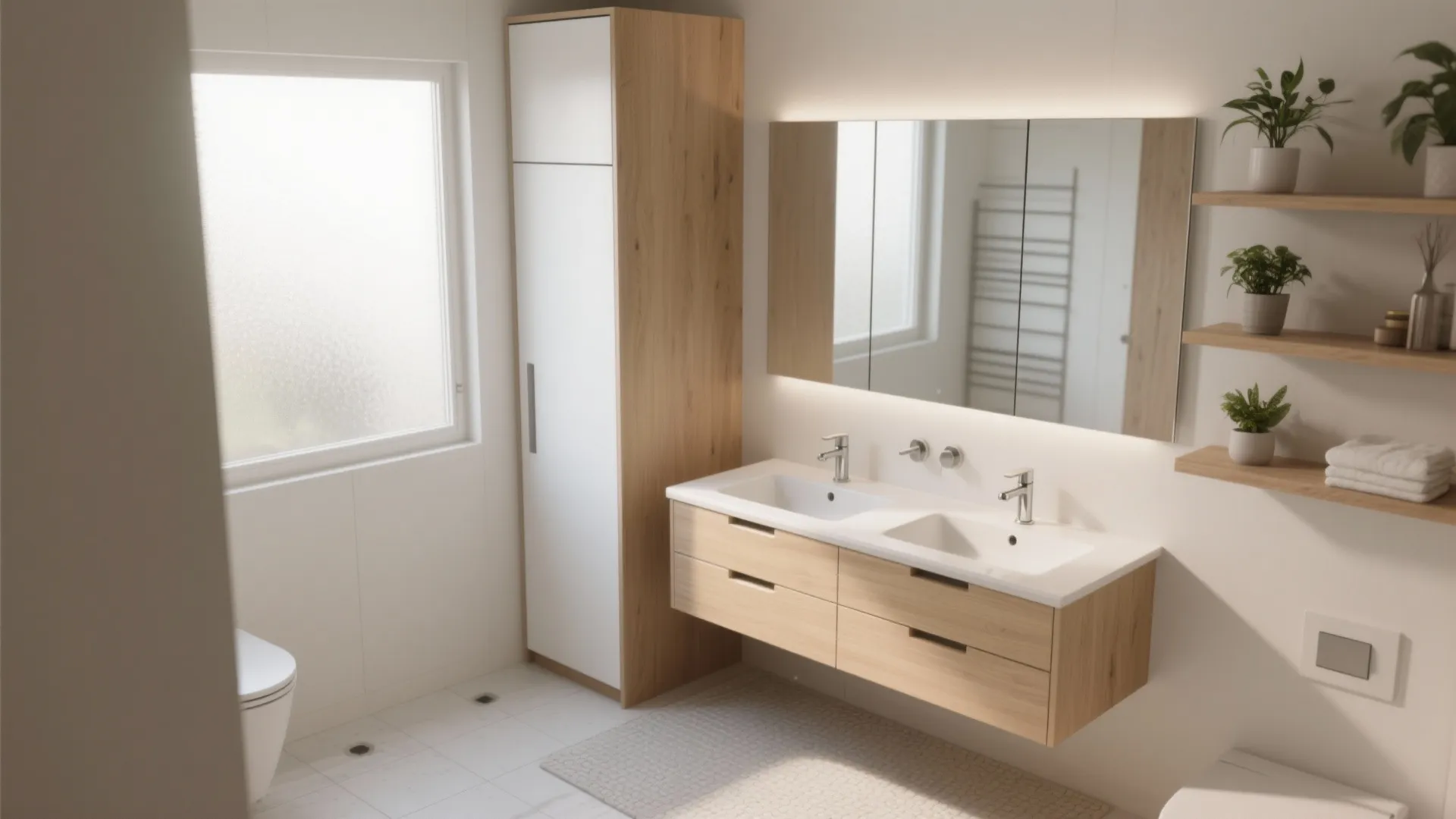 Bathroom interior design with double sink wood cabinet large mirror open shelves and white toilet