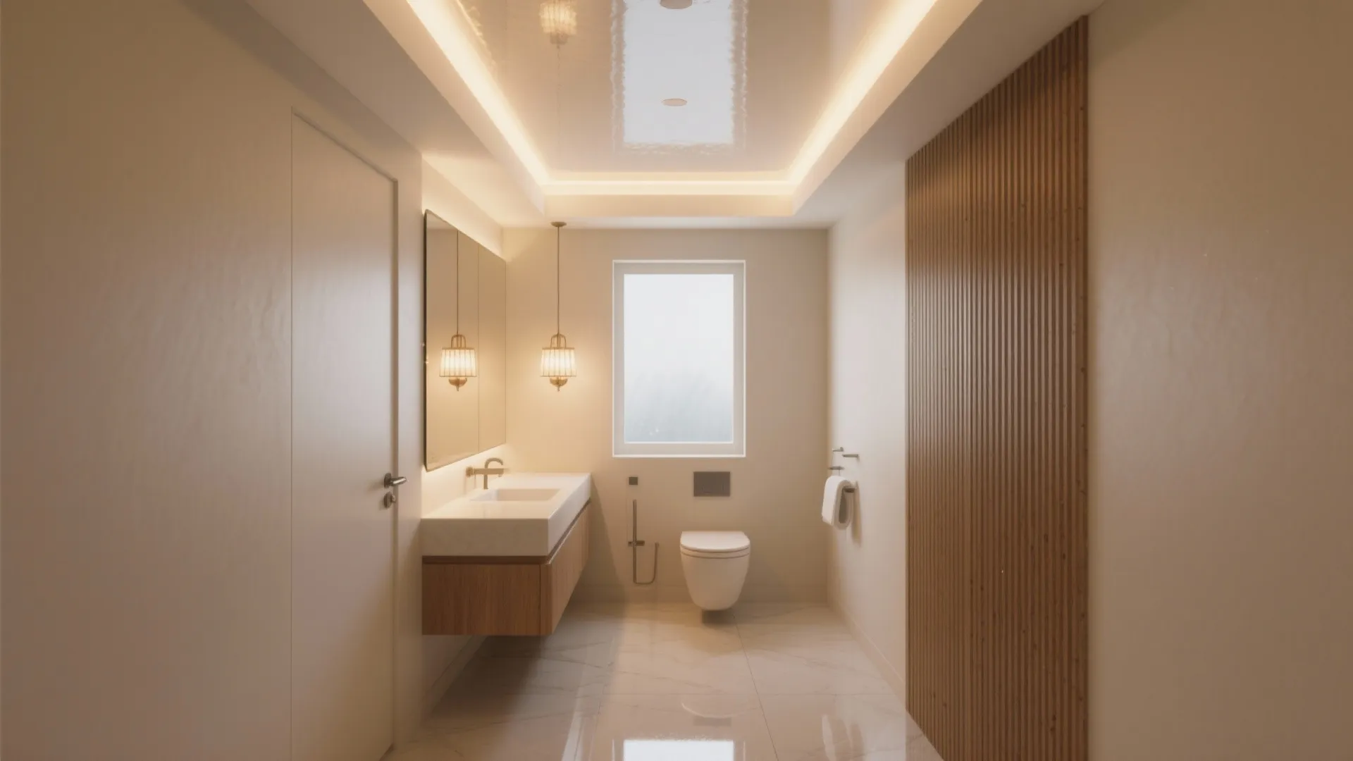 Modern bathroom with white toilet wooden wall panel marble floor sink and bright ceiling light