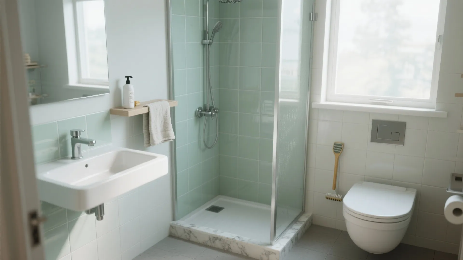 Small modern bathroom design with green wall tiles glass shower door white sink and white toilet