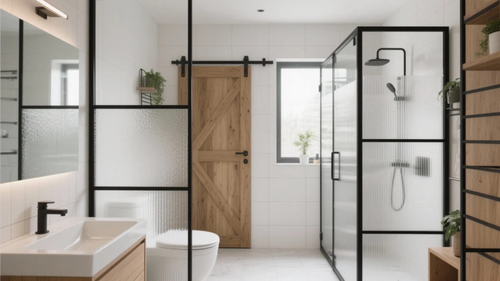 Modern bathroom with wood barn door black frame glass shower divider white walls and plant