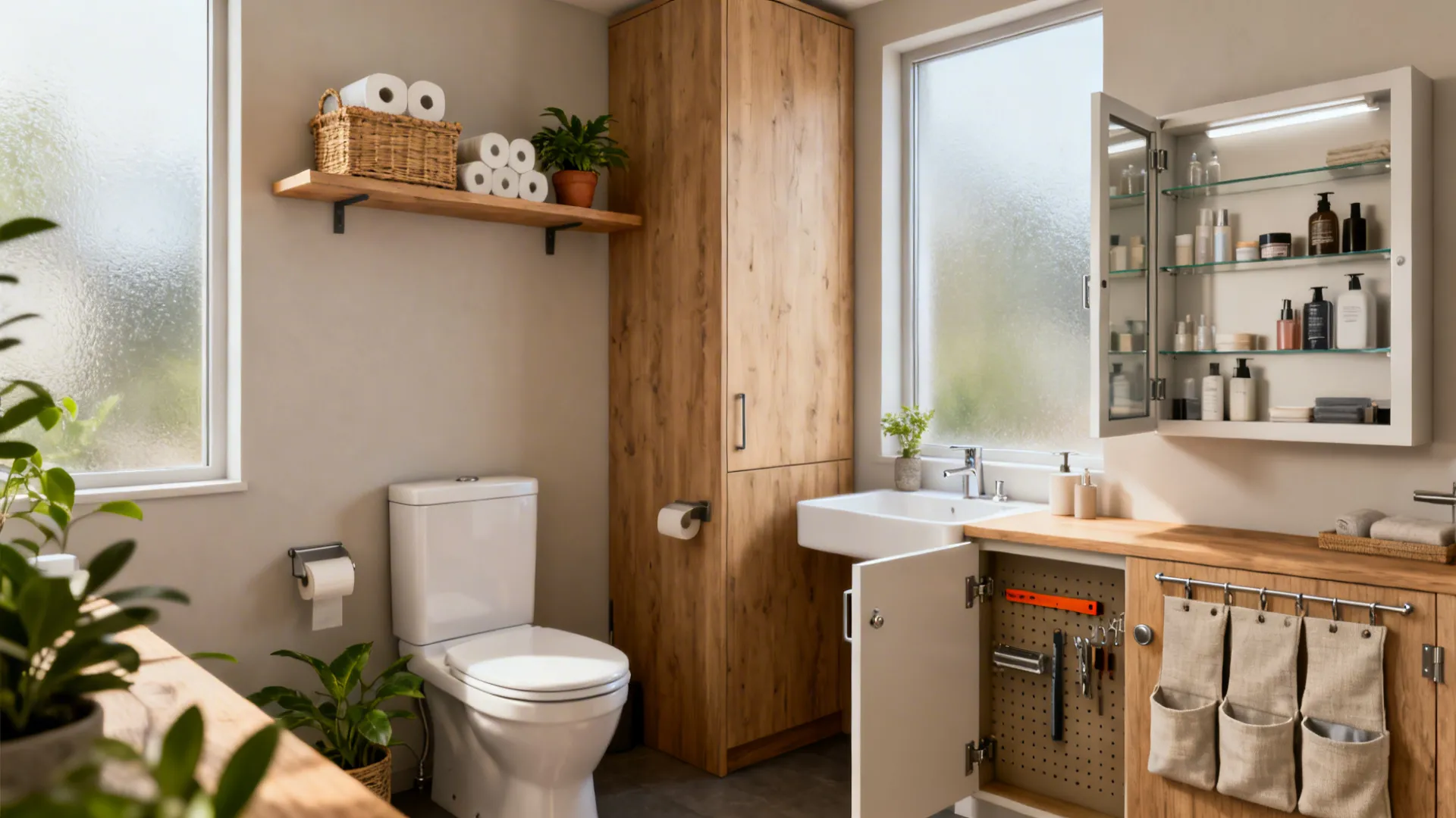 Small modern bathroom with toilet sink wooden cabinet open storage and wall mounted mirror cabinet
