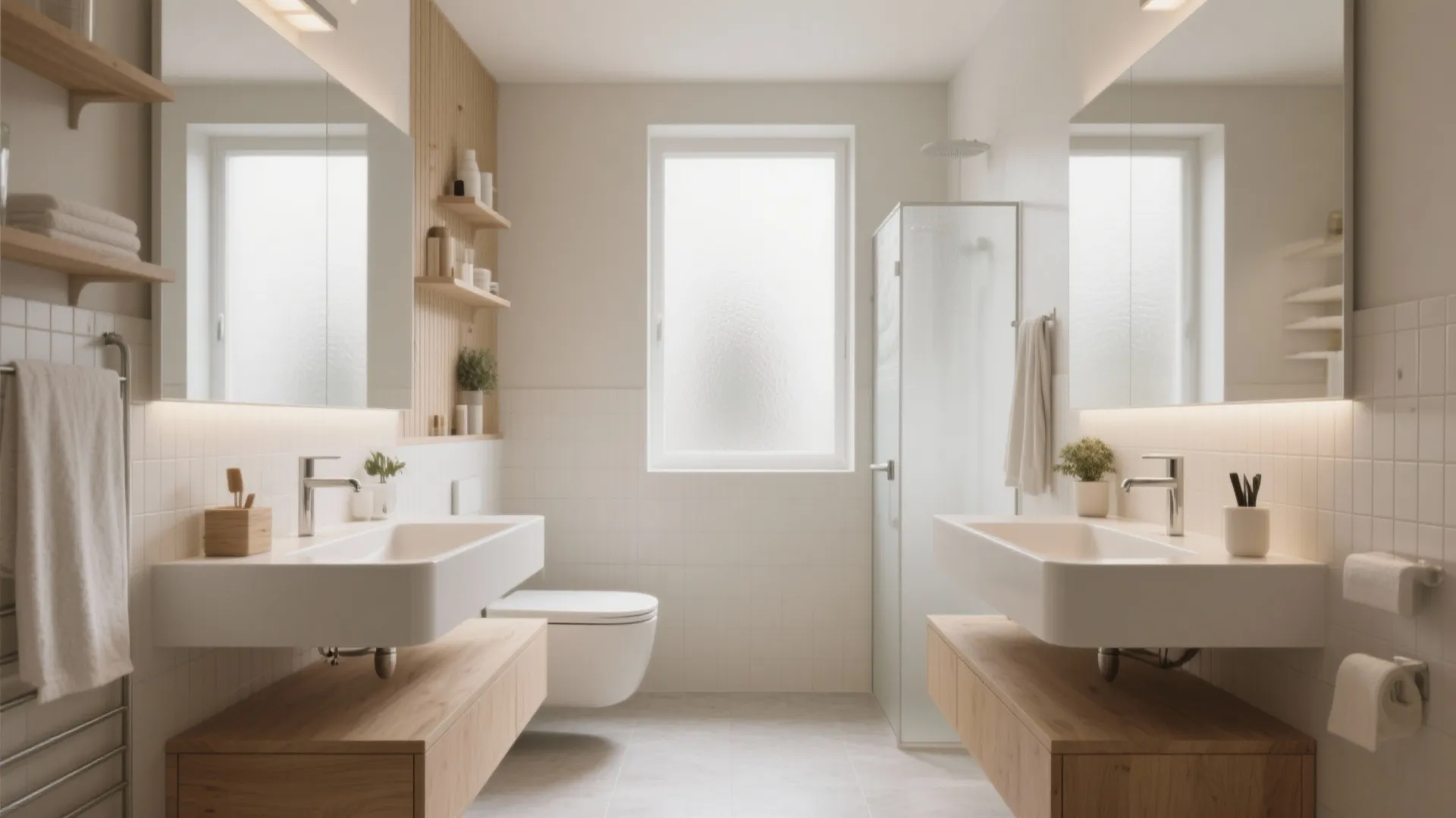 Modern bathroom with double white sinks wooden cabinets large mirrors white toilet and glass shower room