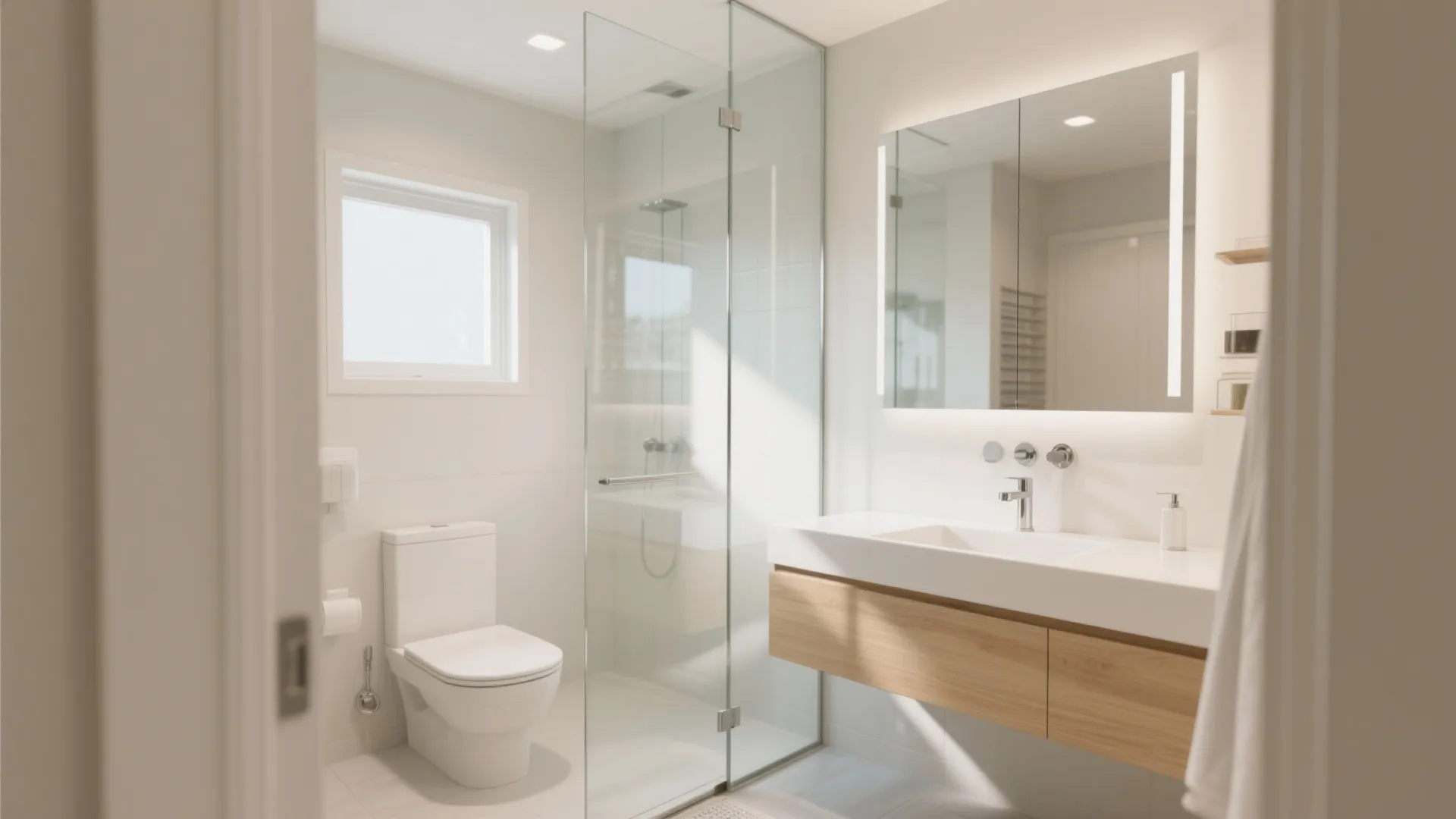Clean white bathroom with toilet glass walk in shower and wooden cabinet under a sink