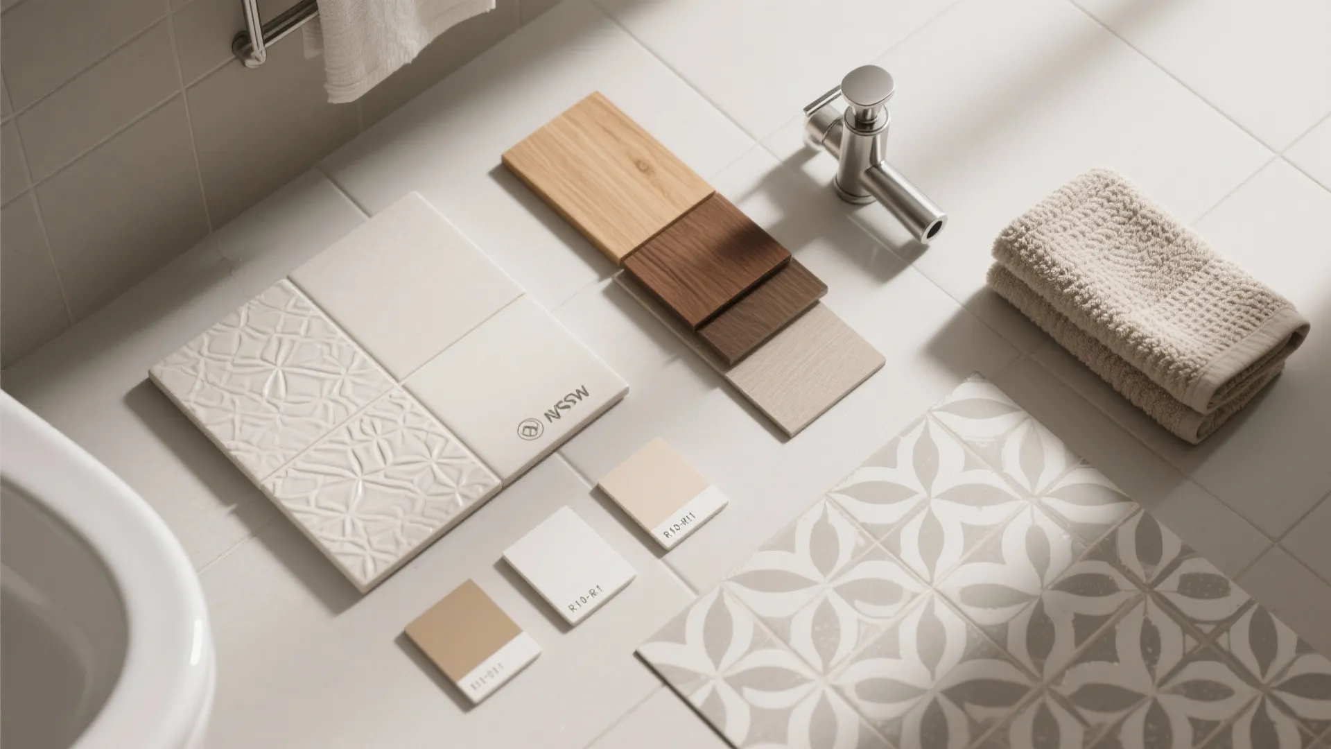 Flatlay showing bathroom design materials with patterned tiles wood samples metal faucet and beige towel