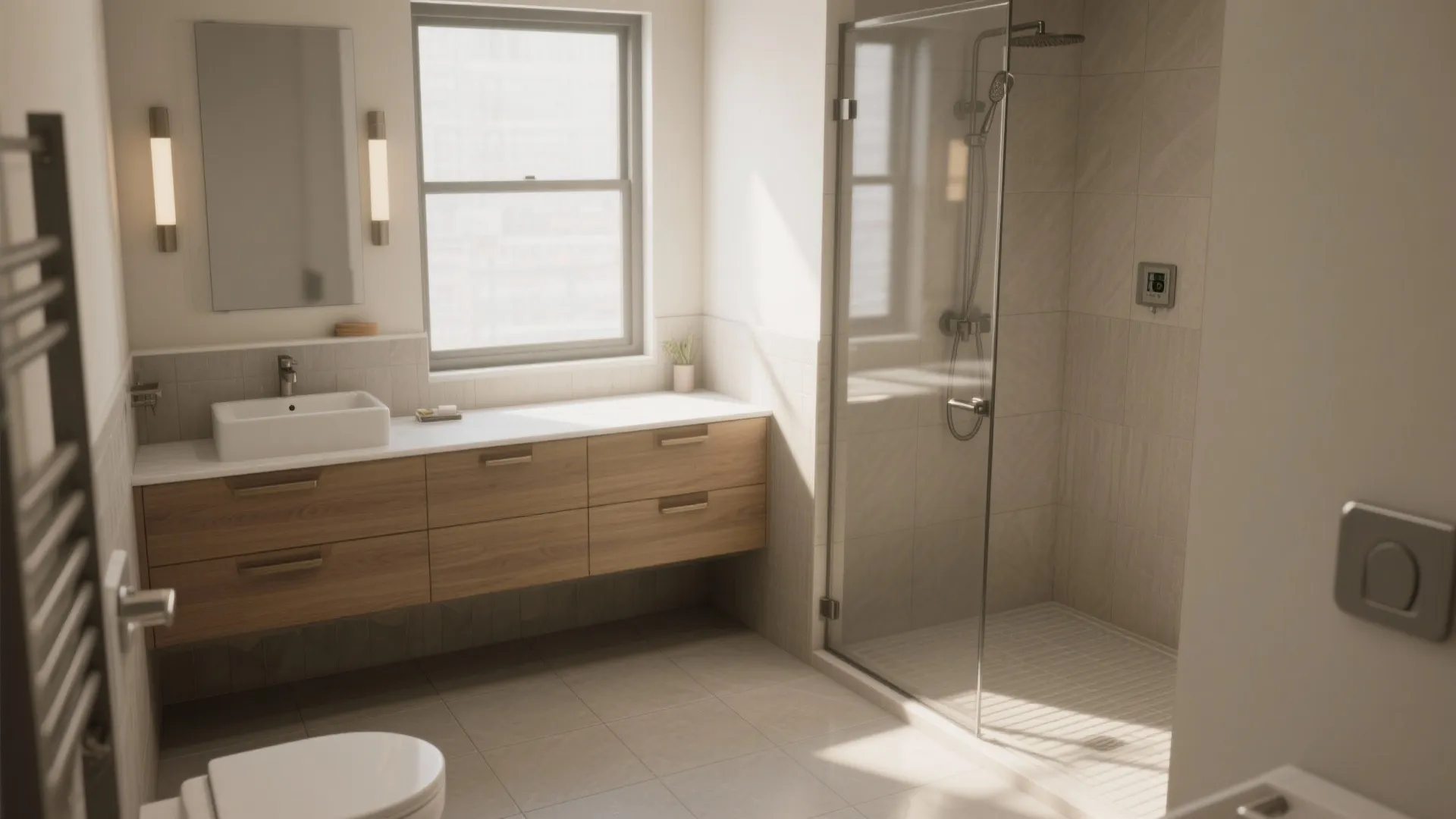 Modern bathroom with wooden cabinet white sink glass shower wall light and light from window