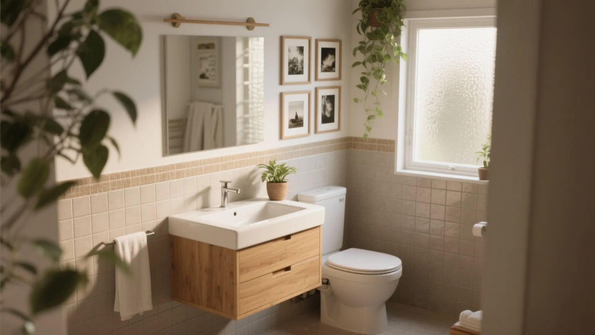 Bright bathroom with wood vanity and sink plus hanging green plants and small framed pictures