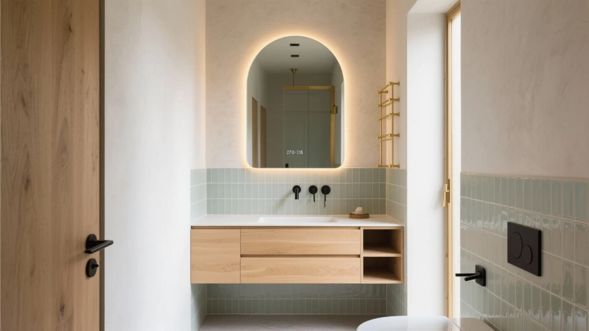 Contemporary bathroom with arched lighted mirror green wall tiles wood cabinet and black wall faucets