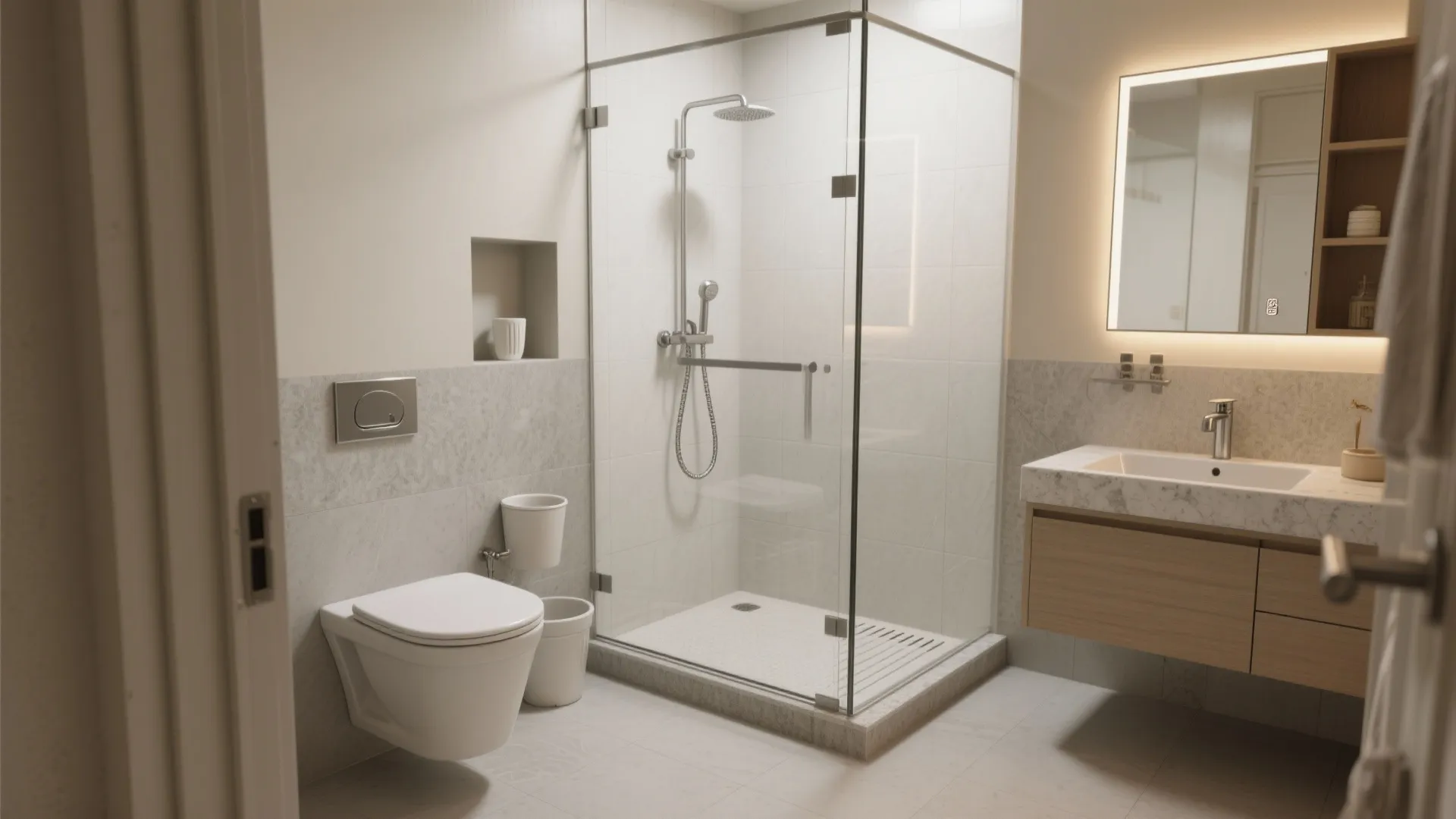 Bright bathroom with glass shower door wall toilet wood cabinet lighted mirror and white tiled walls