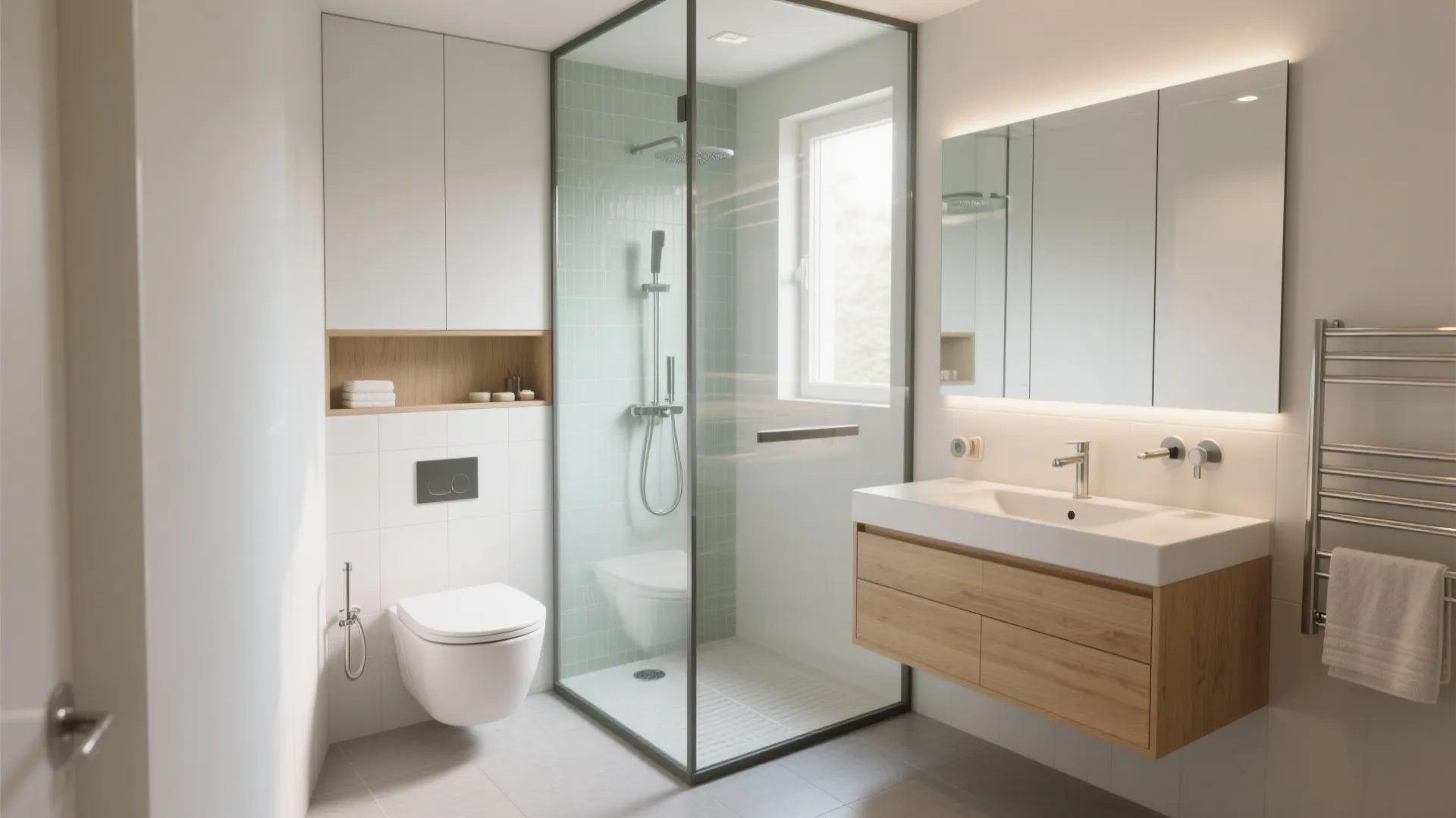 Modern small bathroom with glass shower door white toilet wooden cabinet mirror and light fixture